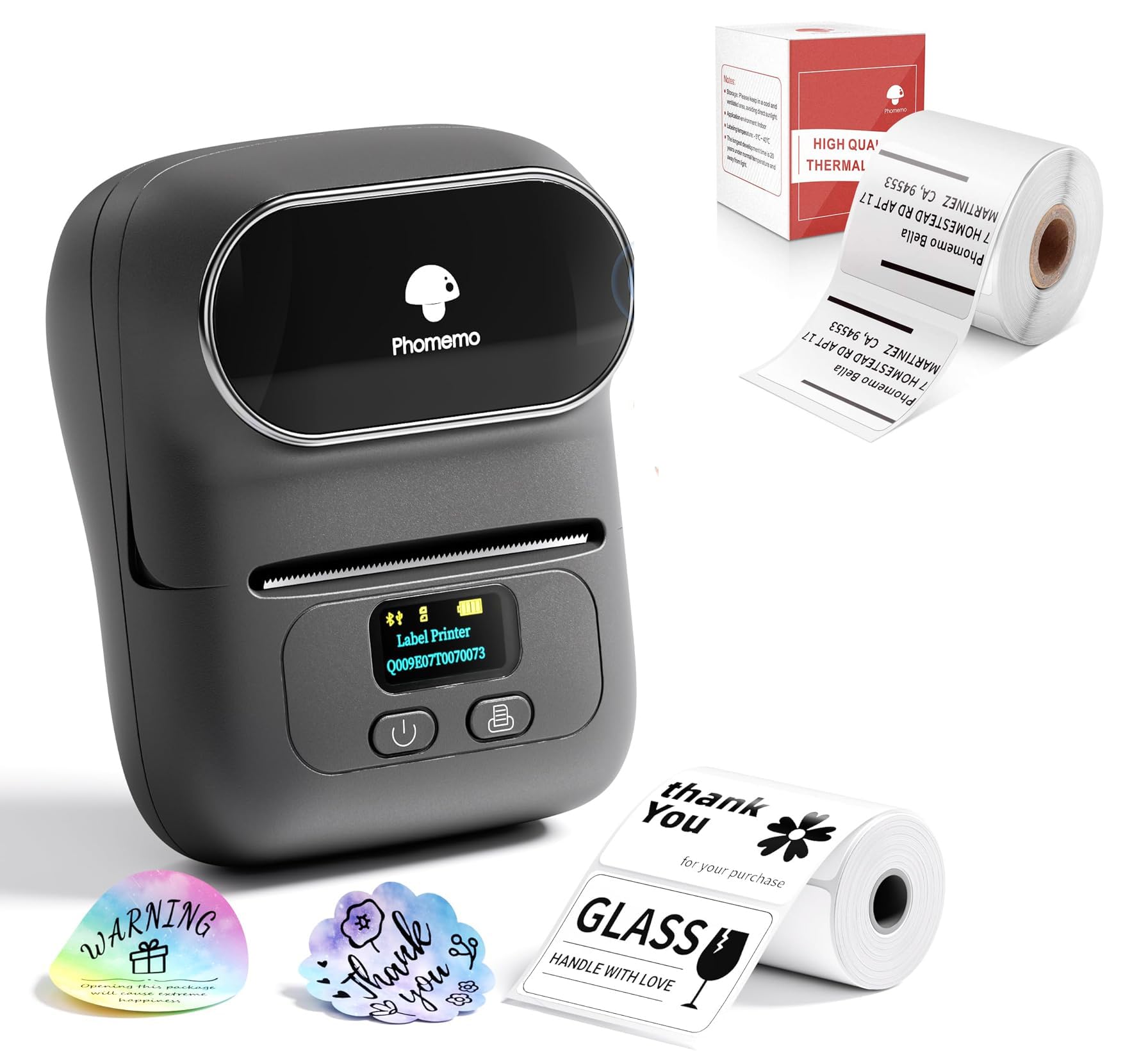 Phomemo M110 Etiquetadora con 2 Rollos de Etiquetas, Impresora de Etiquetas Adhesivas Bluetooth térmica portátil, para Uso en oficinas, códigos de Barras, pequeñas Empresas, Tiendas
