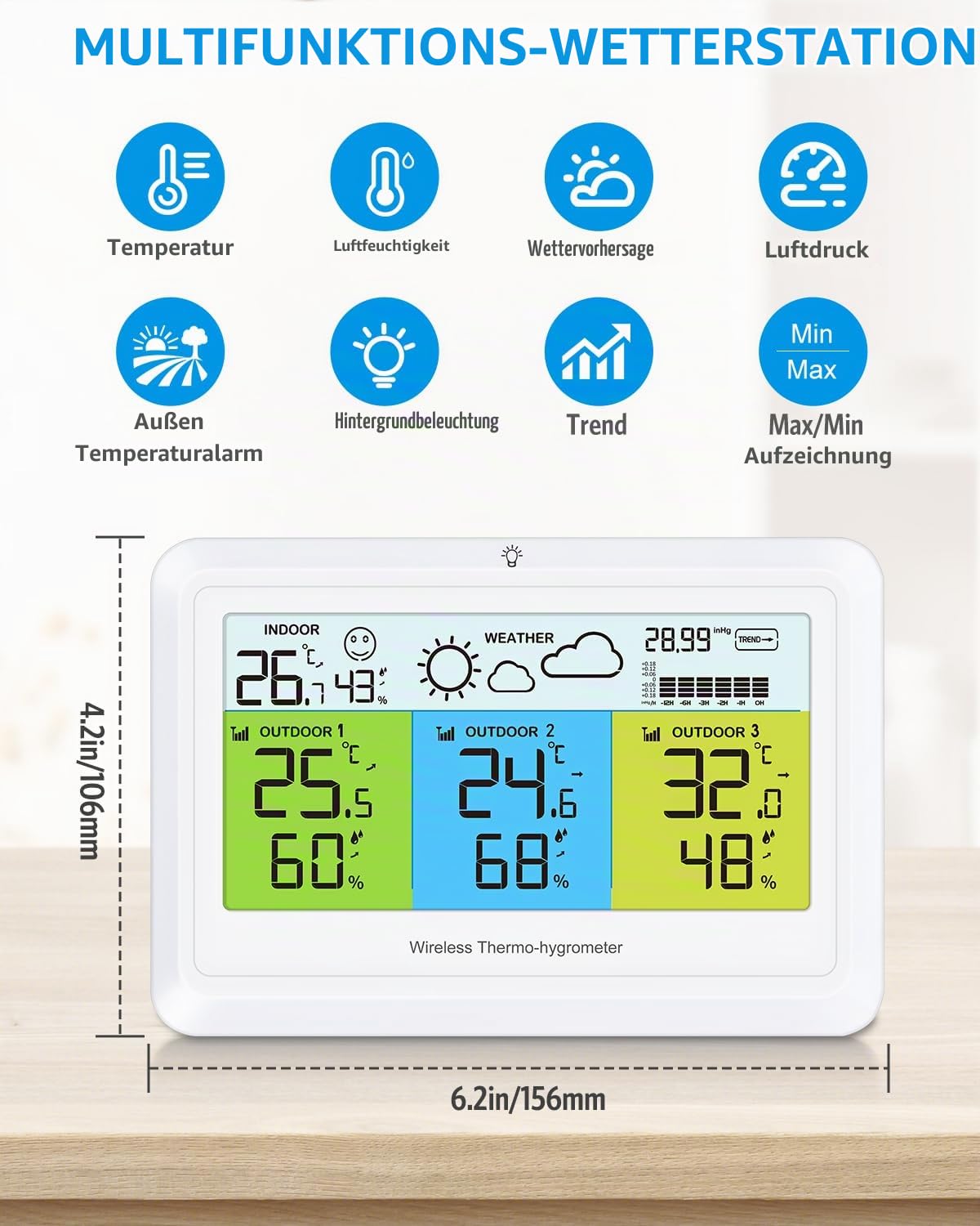 Wetterstation mit 3 Außensensor, Digital Farbdisplay Innen und Außen Thermometer Hygrometer mit Wettervorhersage, Temperaturwarnung, Luftdruckanzeige, Min/Max, USB/Batteriebetrieb