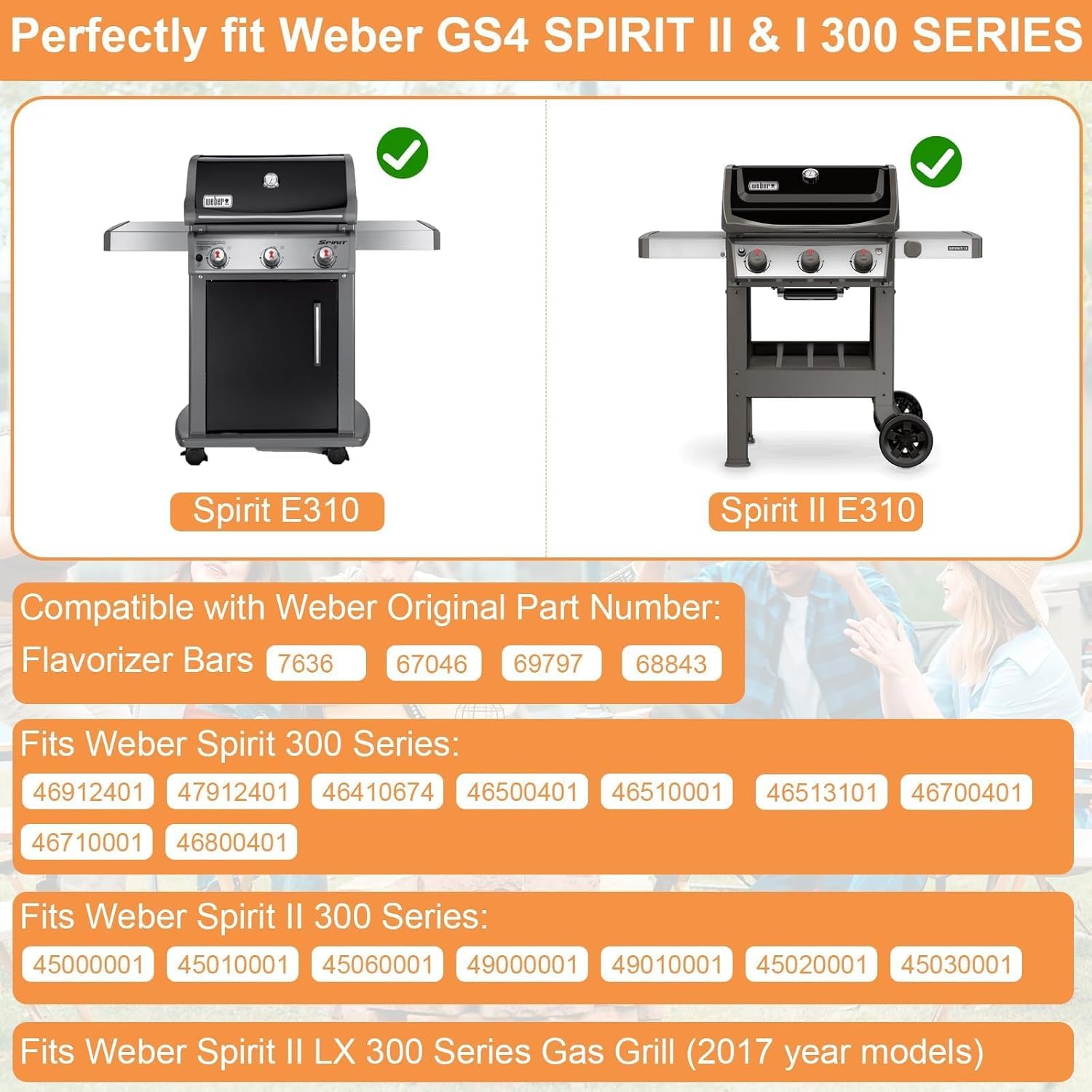 7636 Flavorizer Bars for Weber Spirit II/I 300 SER E310 S310 E315 Accessories Weber GS4 Spirit 2 Parts Replacement for Weber Burner Cover 67046 69797 3400302,Webber Parts 15.3" Bars,Porcelain-enameled