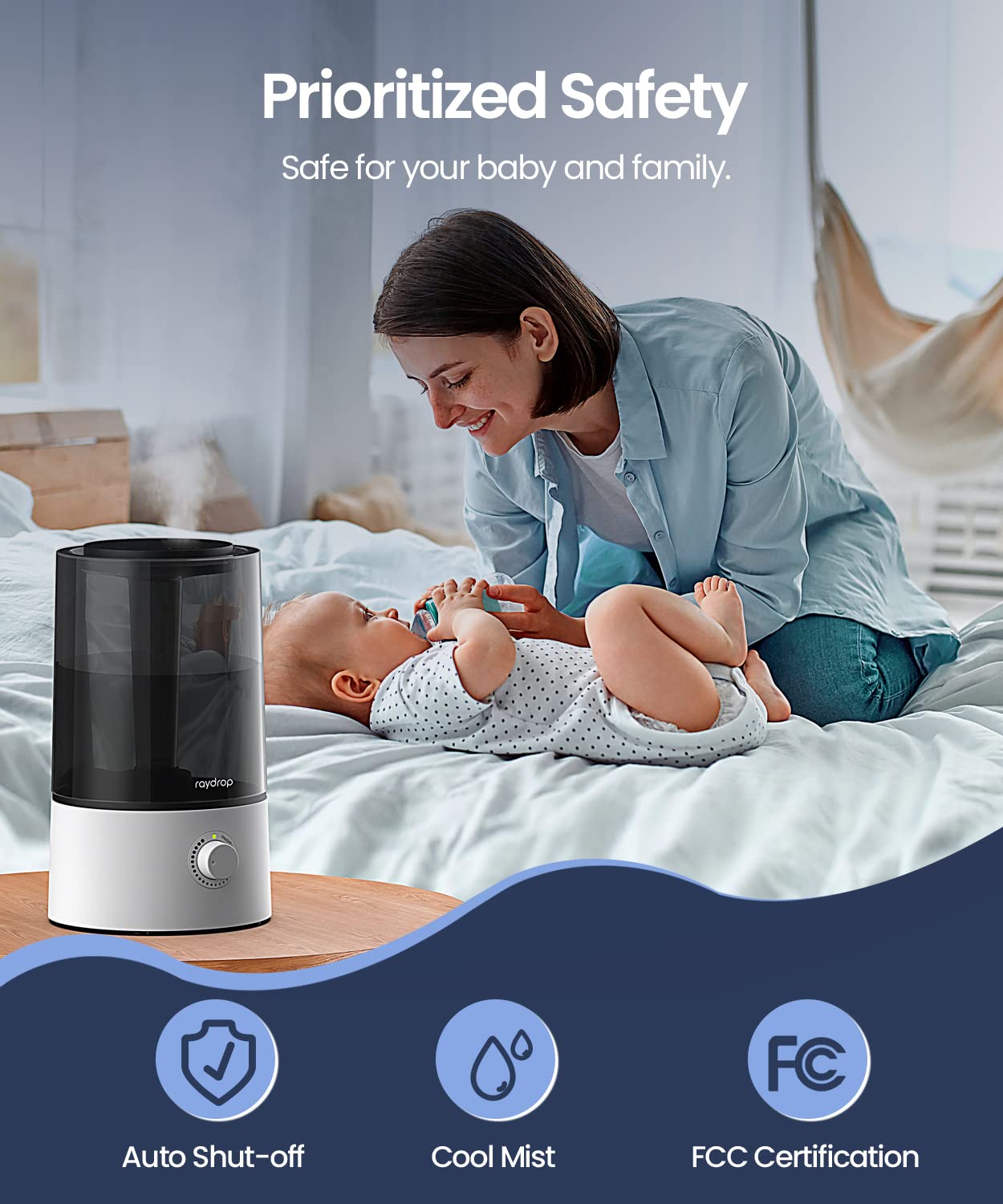 raydrop Humidifiers for Bedroom, 4L Air Humidifiers for Large Room, Ultrasonic Cool Mist Humidifiers for Baby, Plant, 30H Work Time, Auto Shut-Off