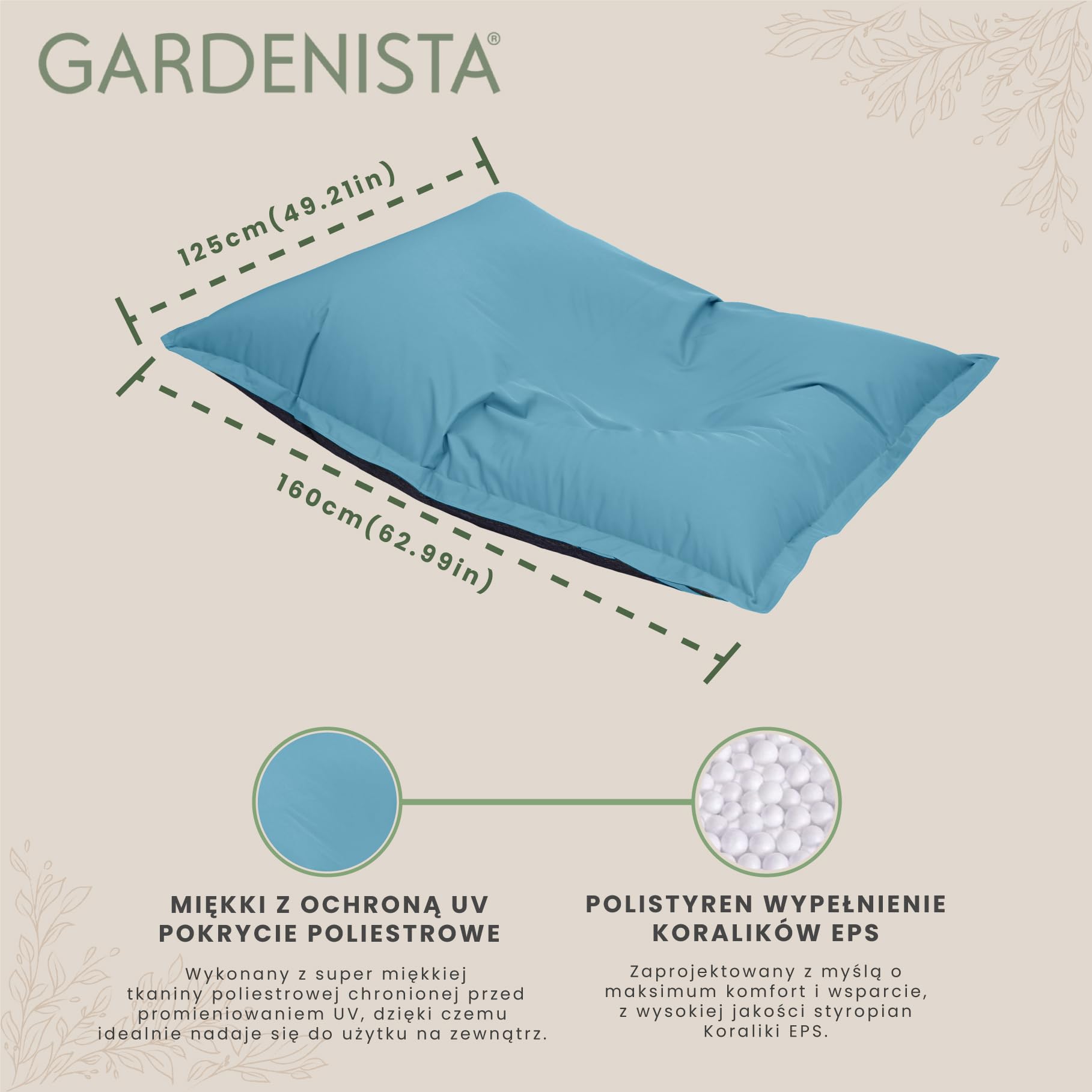 Gardenista Poltrona Sacco Pouf | Bean Bag Grande XXL per Interni & Esterni 125X160cm | Rettangolare Slab Beanbag per Adulti e Bambini | Incl. Borsa Interna Ricaricabile con Perle EPS (Alzavola)