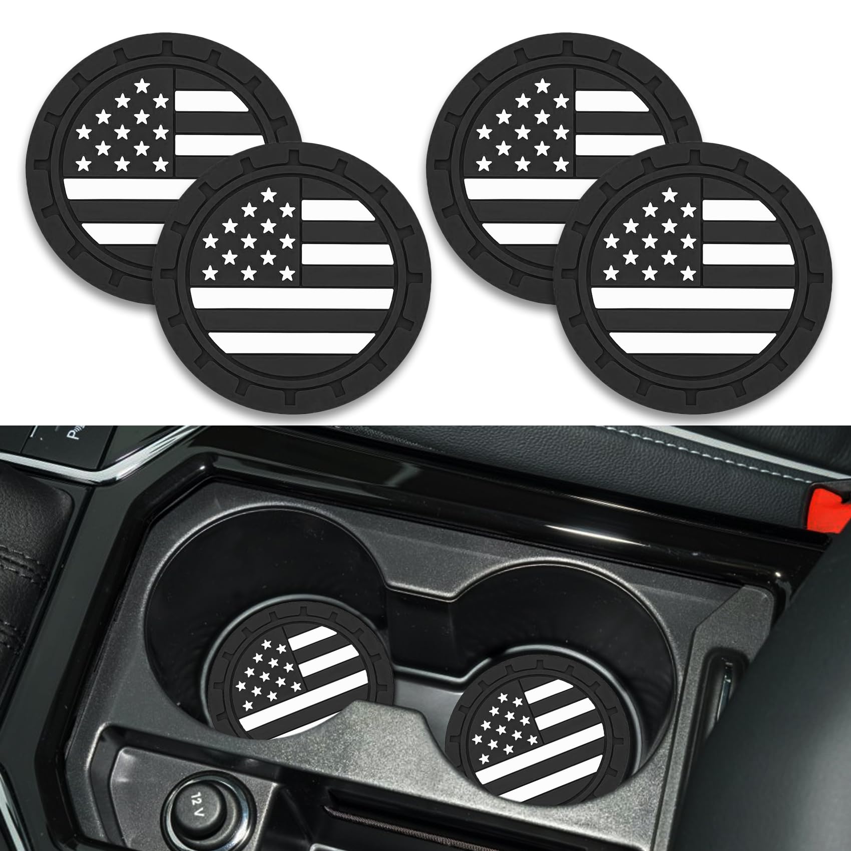 Zufoty Car Cup Holder Coaster, Non-Slip Car Cup Holders, 2.75 Inch US Flag Cup Holder, Vehicle Cup Holder Insert Coaster, Non Slip Silicone Car Cup Coaster, Universal Car Interior Accessories (Black)