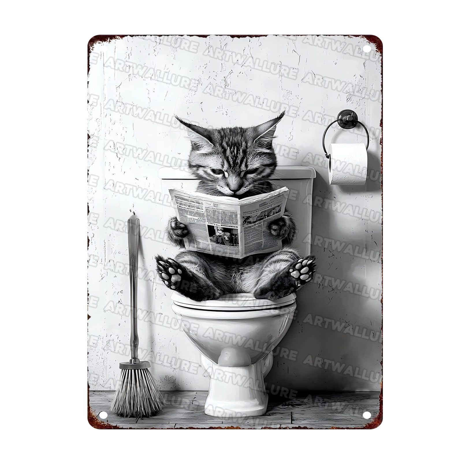 Funny Cat Metal Tin Sign Black and White Bathroom Vintage Decor Sign Bathroom Signs Restroom Wall Decor 12X16Inch