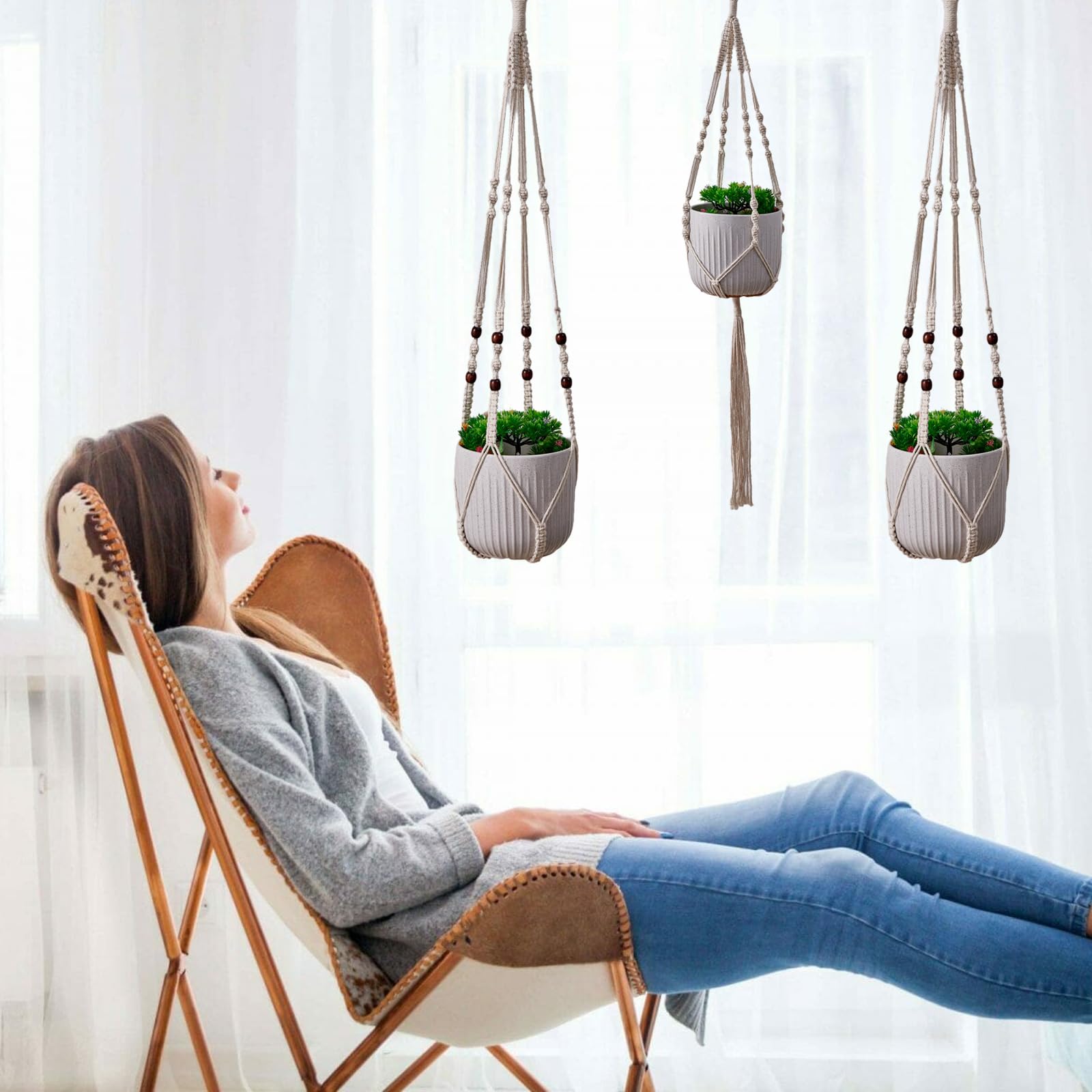 Set 3 Fioriere In Macramè Fatte A Mano In Cotone - Appendere Piante Interno/Esterno - 84/90/95 Cm - 2