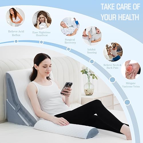 Miniatura 6 de 3 almohadas de cuña de cama para dormir, almohada de espuma viscoelástica ajustable 20 en 1 para aliviar el dolor de espalda y piernas, almohada de