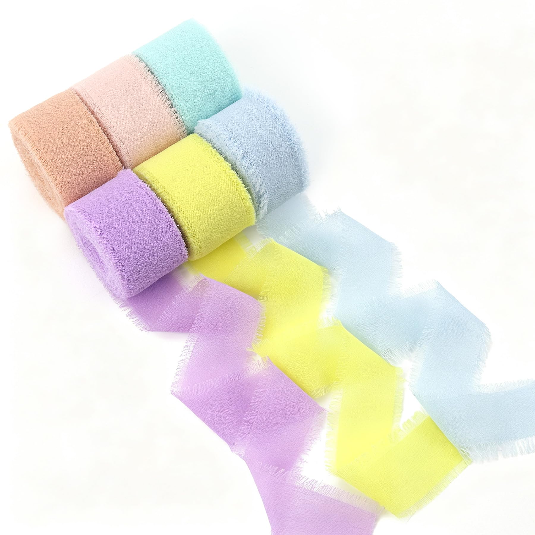 6-Roll Chiffon Ribbon 1" x 5.5yd, 33yd Total, Handmade Fringed Edges