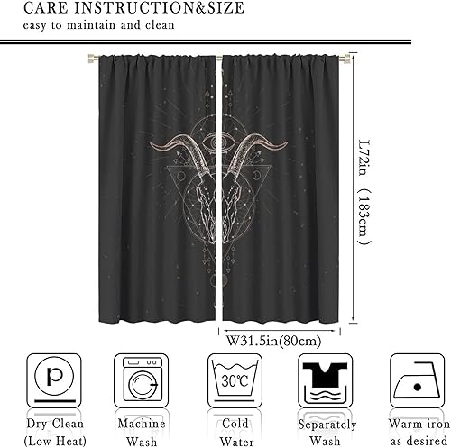Vista 332 de Cortinas de cabeza de cabra, misteriosa cabeza de cabra malvada, calavera negra, bolsillo para barra, cortinas opacas para ventana, juego de 2