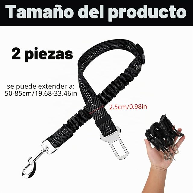 Foto 2 de 7 de 2 Piezas Cinturón Perro Coche Arnés Seguridad con Absorción de Golpes Mosquetón Ajustable 52-82 Cm