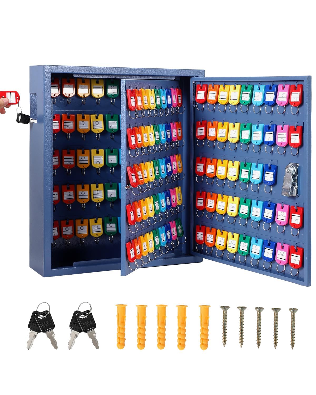 Garvee Key Cabinet Lockable Wall Mounted, Steel Key Box with 133 Hooks & Colour Tags, Includes 2 Keys, Key Organiser for Office, Hotel, Fleet & Car Key Management, Blue