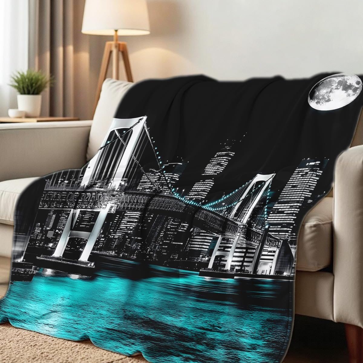 New York City Building Blanket for Bed Couch Cityscape Blanket Throw Black White Teal Decor Flannel Prints Bedding Home Decor (49"x59")