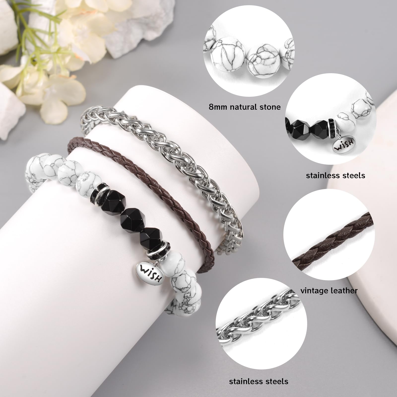 YELUWA 3 PCS Bracciali Di Pietra Bianco Turchese Africana per Uomo Con 3 Bracciale Di Ossidiana Nera in Titanio E Corda Vintage Intrecciata Mano Regali Compleanno per Ragazzi Fidanzati Moda Bracciale