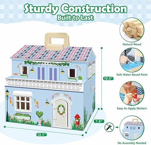 Miniatura 6 de Casa de muñecas de madera DIY con 3 hojas de calcomanías, crea 2 estilos (blanco y rosa), diseño plegable con mango portátil y cerradura de metal, 4