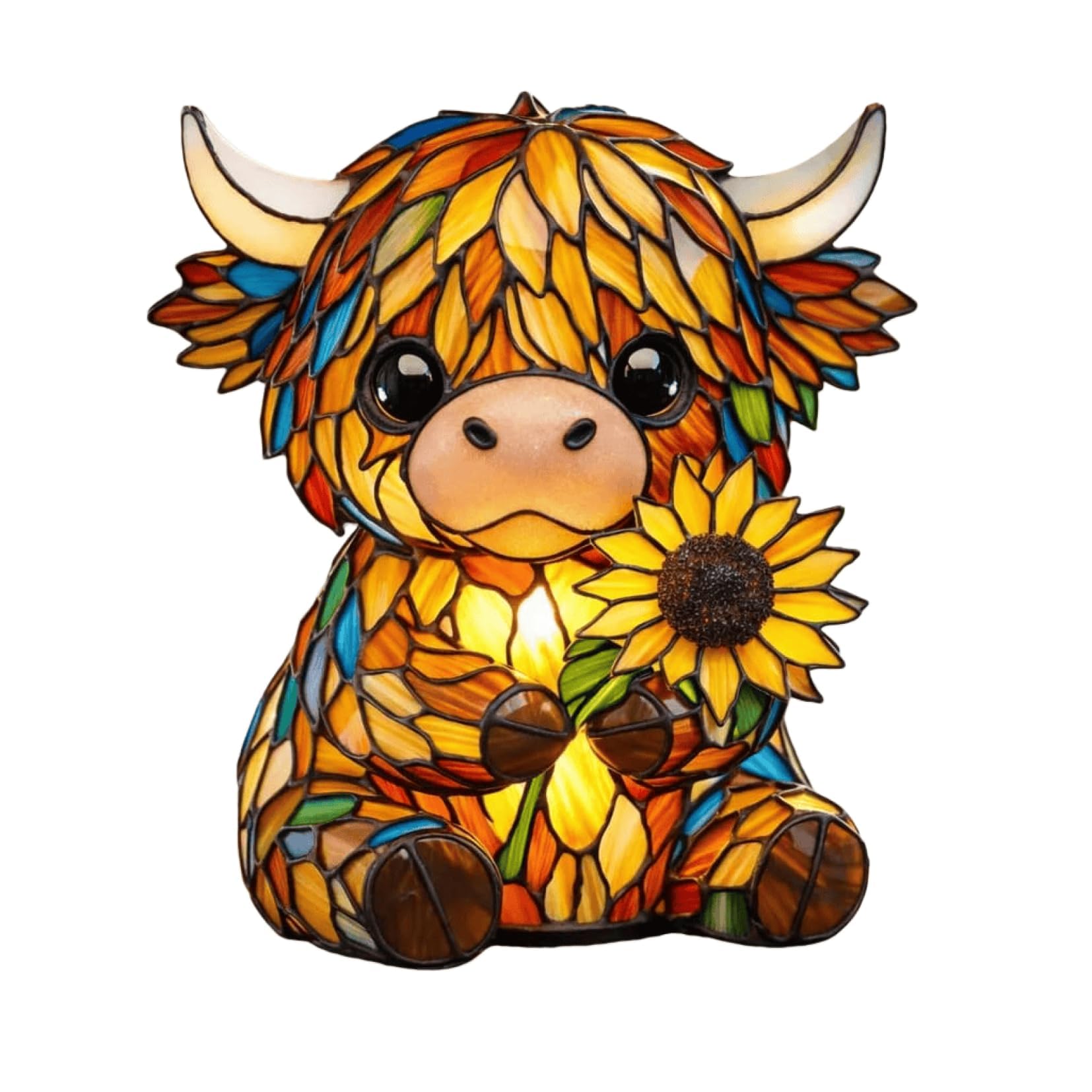 Livoravoli Stained Highland Cow LED Night Light Lamp, 3D Cute Animal Resin Table Lamp, Vintage Highland Cow Bedside Night Light, Warm Glow Bedroom Desk Lamp for Home Decor, Lovers Gift