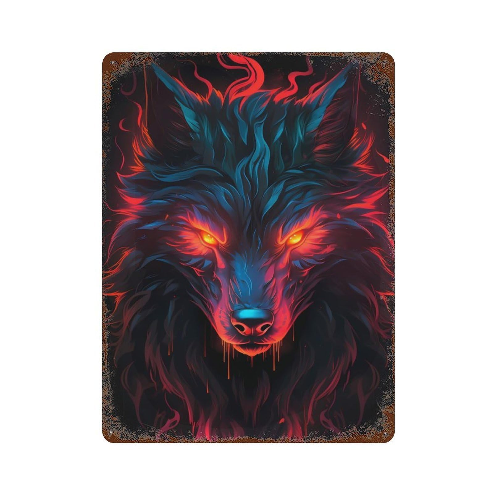 Garage Style Fiery Wolf Portrait Rusty Metal Tin Sign 15.7"x11.8", Industrial Home Decor for Bar And Workshop