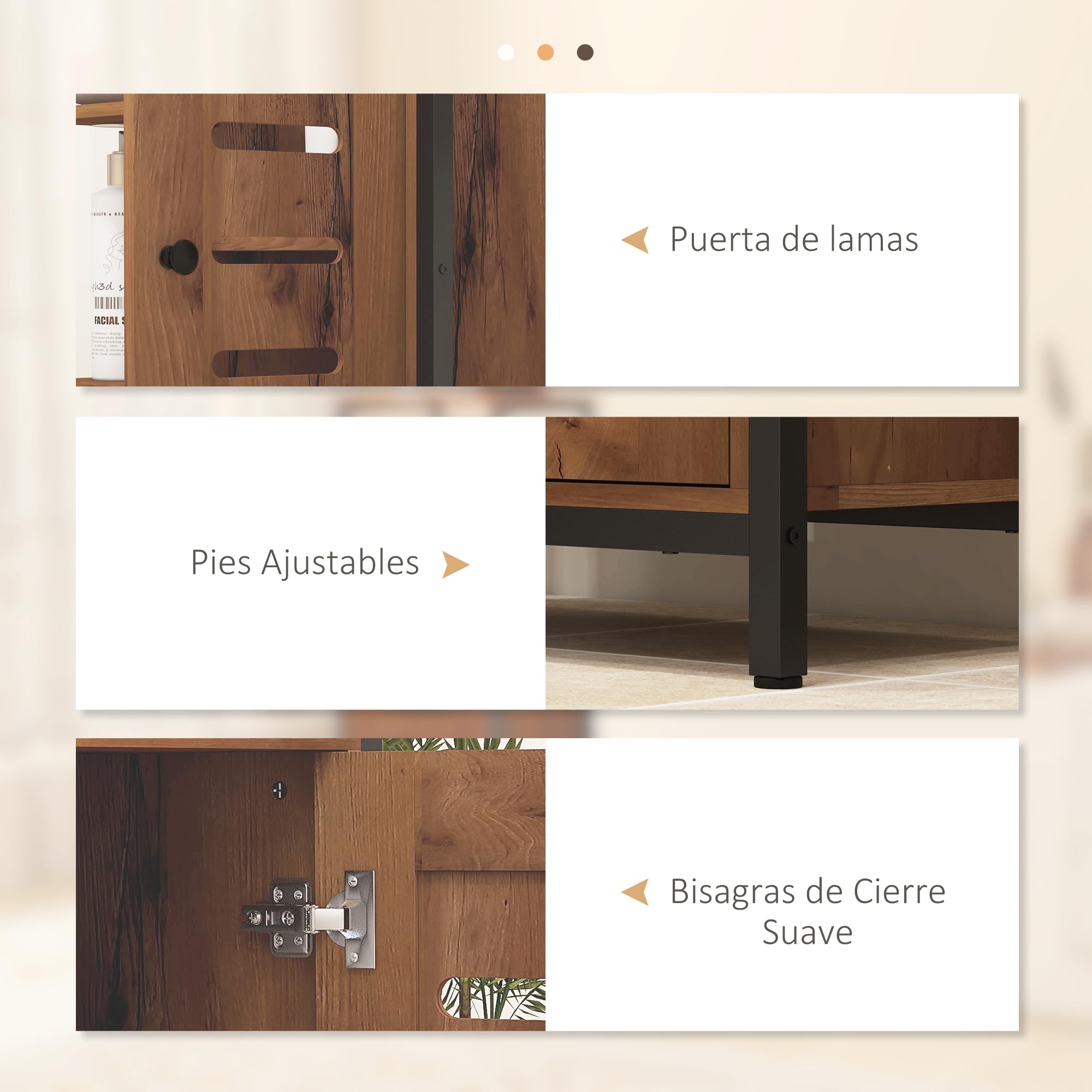 kleankin Armario de Baño Estrecho, Columna de Baño con Puerta de Lamas y 3 Compartimentos Abiertos, Estante Ajustable, para Salón, Dormitorio, Entrada, 60x30x85 cm, Marrón Rústico