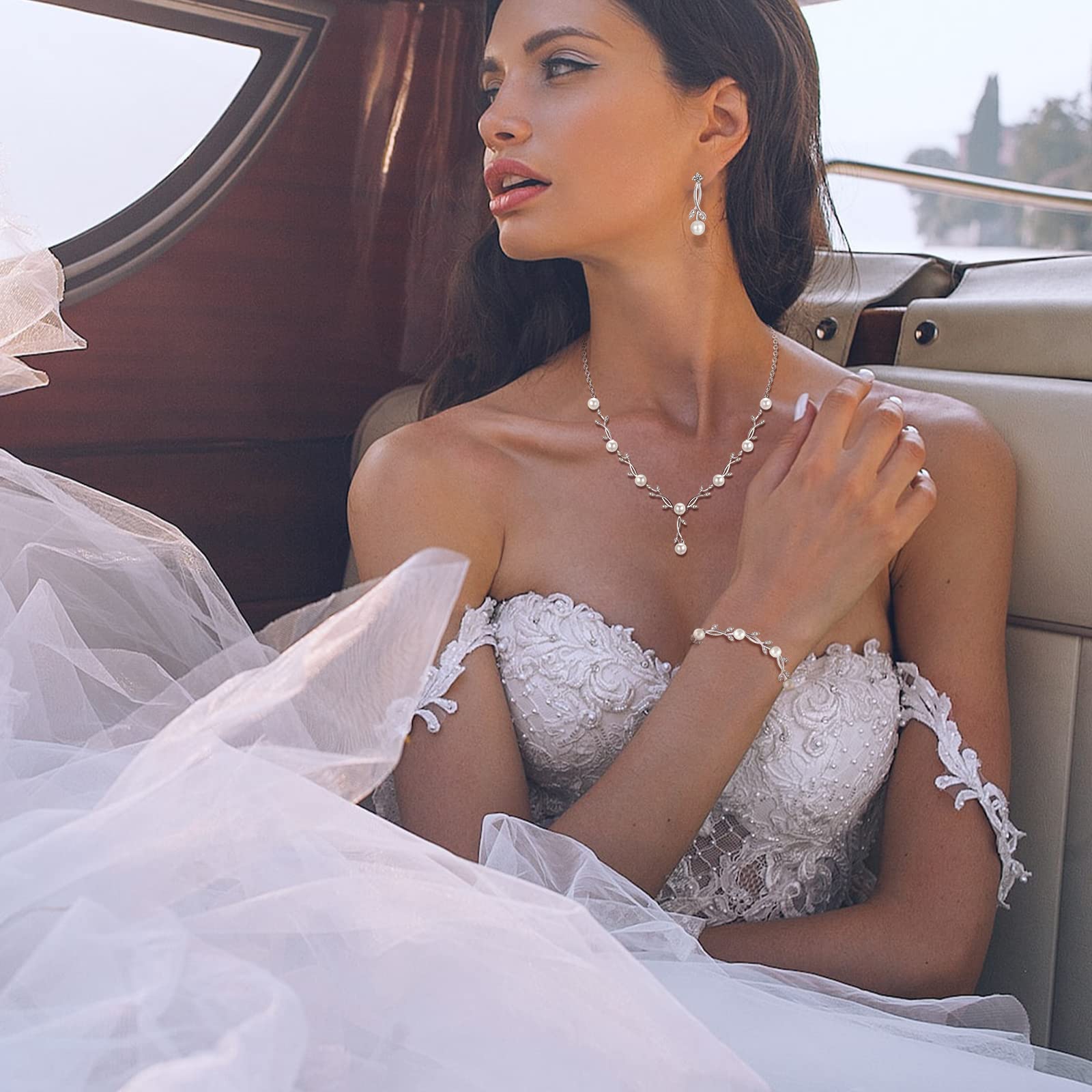 Hochzeit Schmuckset Silber Damen, Halskette Armband Ohrringe in Form eines Blattes mit Perlen und Zirkonia, Hochzeitstag Geschenke für Braut Frauen