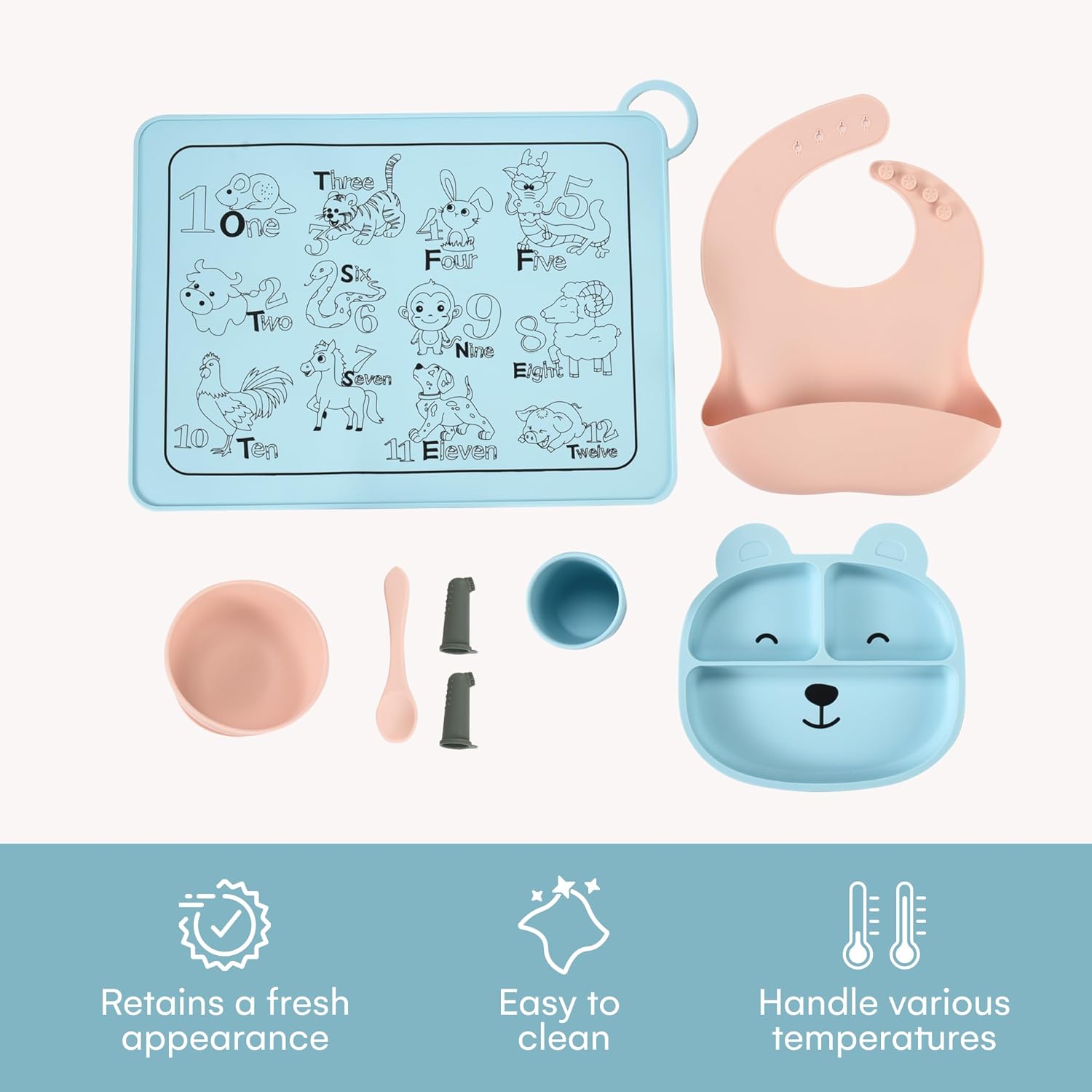 CHILDLIKE BEHAVIOR Silicone Baby Feeding Set of 8 - Baby Plates and Bowls Set - Toddler Self-Feeding Eating Utensils - Baby Led Weaning Supplies - Tableware Set for Toddler - Baby Feeding Essentials