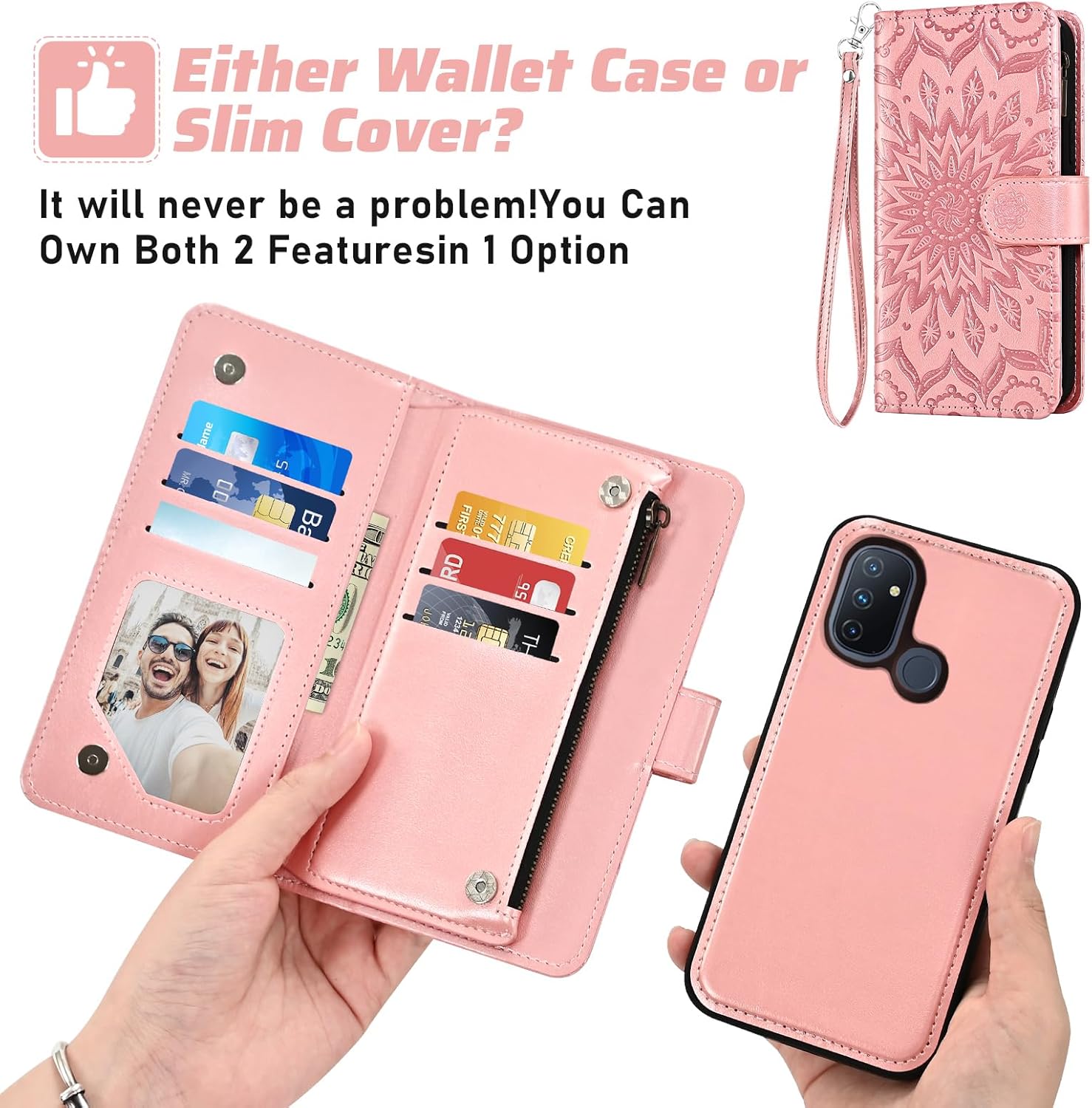 Phone Case for OnePlus Nord N100 Zipper Wallet Magnetic Detachable Cell Cover with Screen Protector Crossbody Lanyard Strap Flip Card Holder Slot One Plus N 100 4G 1 Plus 1plus One+ 1+ 100N Rose Gold
