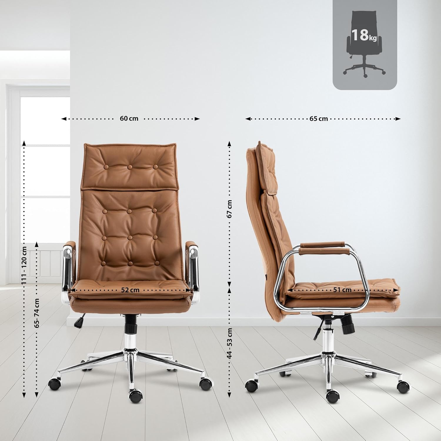 Diagram showing the dimensions of the CLP Sotira office chair from front and side views