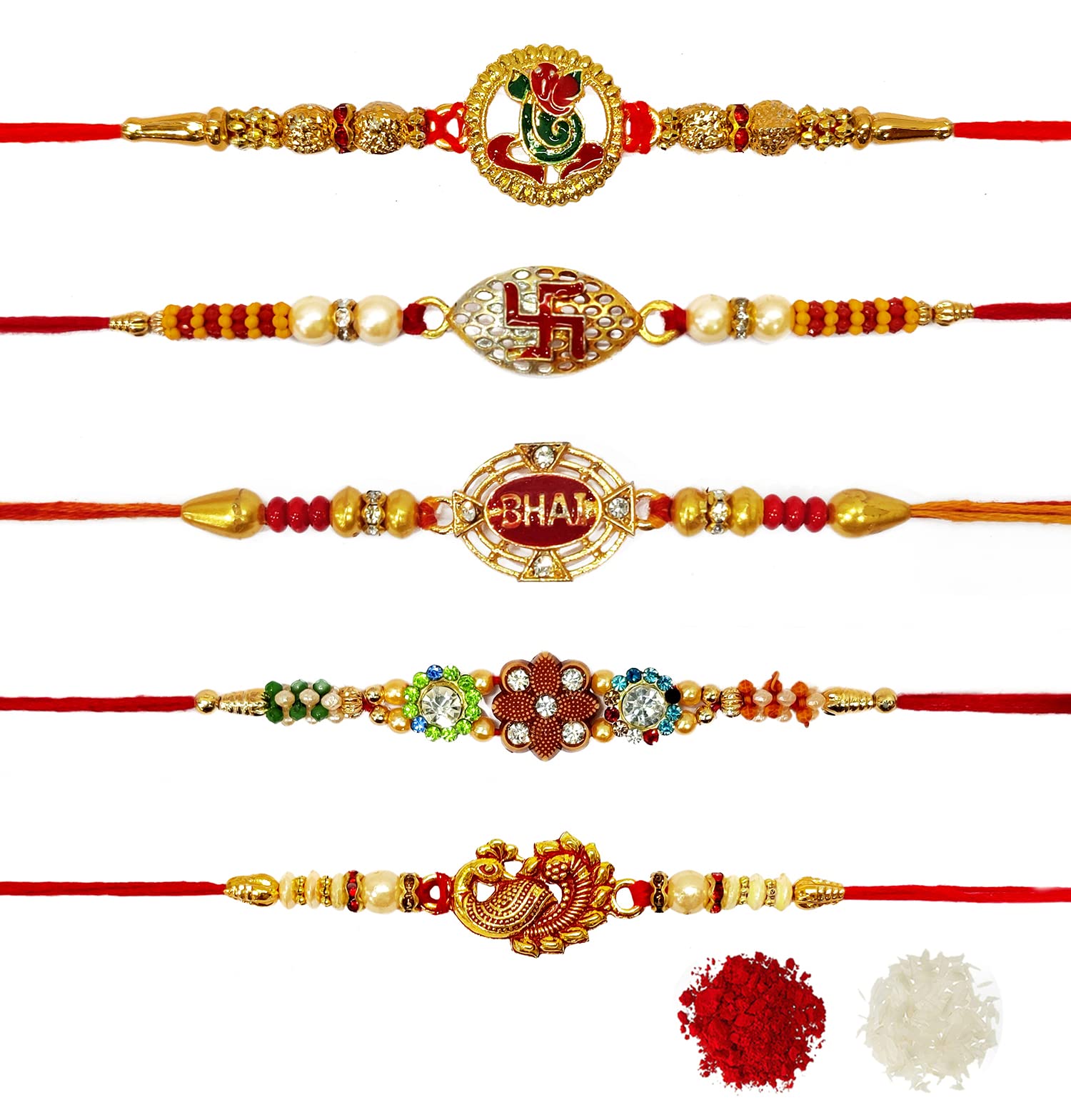 CraftsmanSATVIK 5 Pc Set of Designer Assorted Rakhi for Brother Bhaiya Bhabhi Traditional Handmade Bracelet Thread with Roli Chawal, Greeting Card & Soun Sticker Indian Rakshabandhan Bro Rakhdi Rakhee Gift