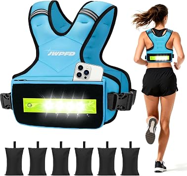 Adjustable Weighted Vest for Women Men, 6-15 Lbs/12-18 Lbs Rucking Vest with LED Light Strips, Weight Vest with 6 Ironsand Weights, and Zipper Pocket for Strength Training, Walking, Running