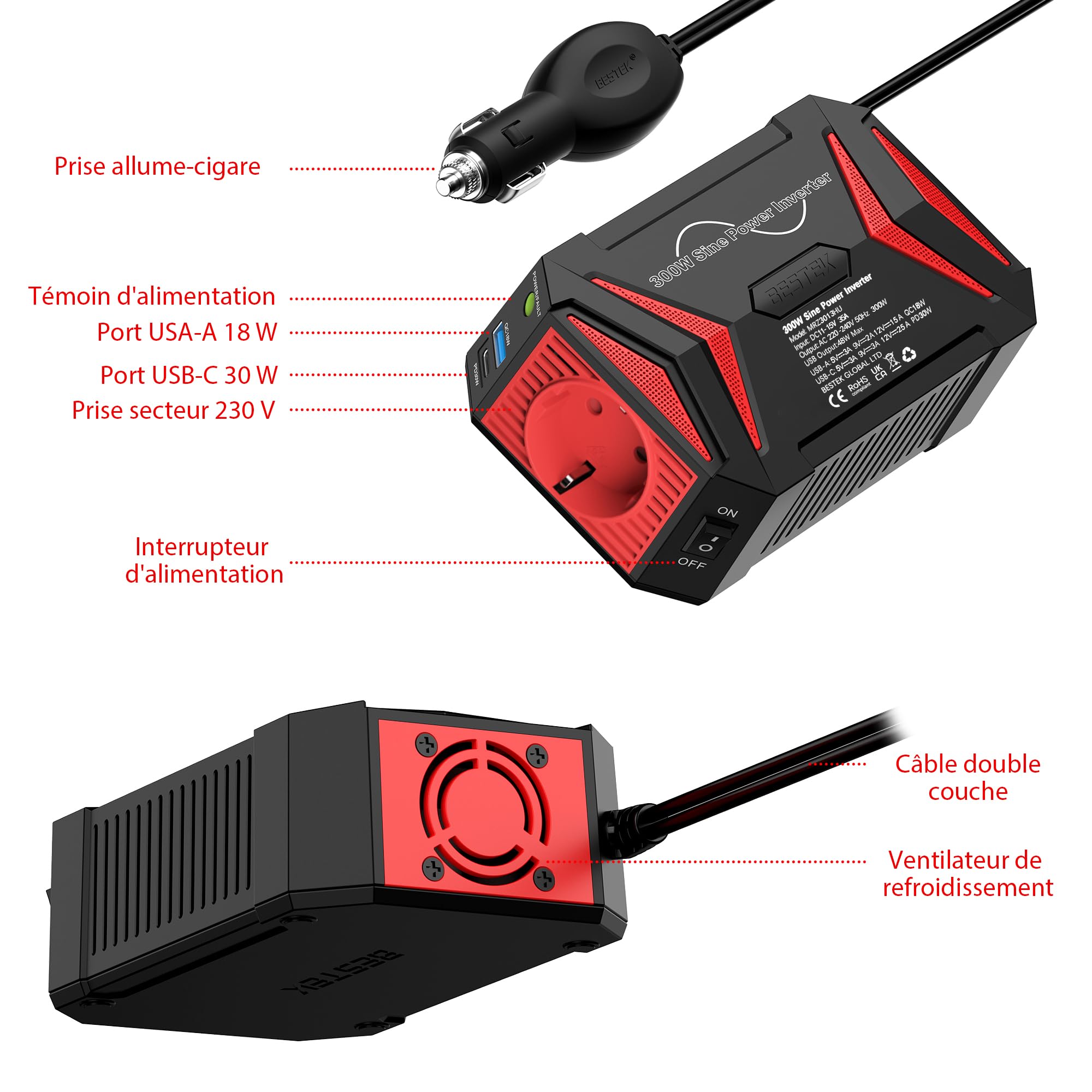 BESTEK Convertisseur 12v 220v Pur Sinus 300w Convertisseur Sinusoïdale pour Voiture Vacance Onduleur Pure 12v avec 2 Port Charge Rapide（PD30W&QC18W） Prise Européenn Transformateur de Tension