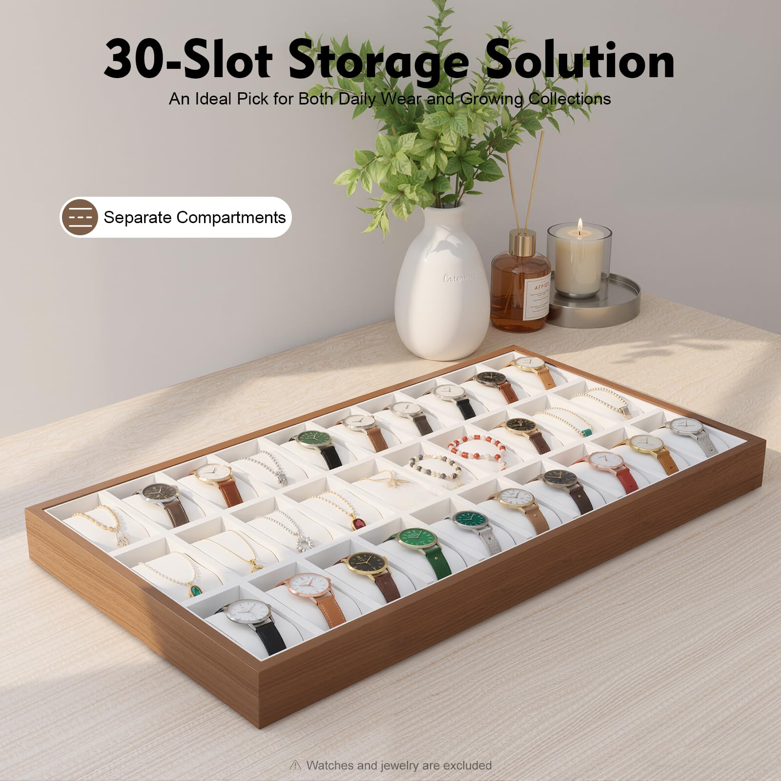 Caja de almacenamiento de madera para reloj de joyería, escaparate, pulsera, bandeja de almacenamiento, joyas, reloj, caja de madera, caja de exhibición, soporte de exhibición (30 ranuras)