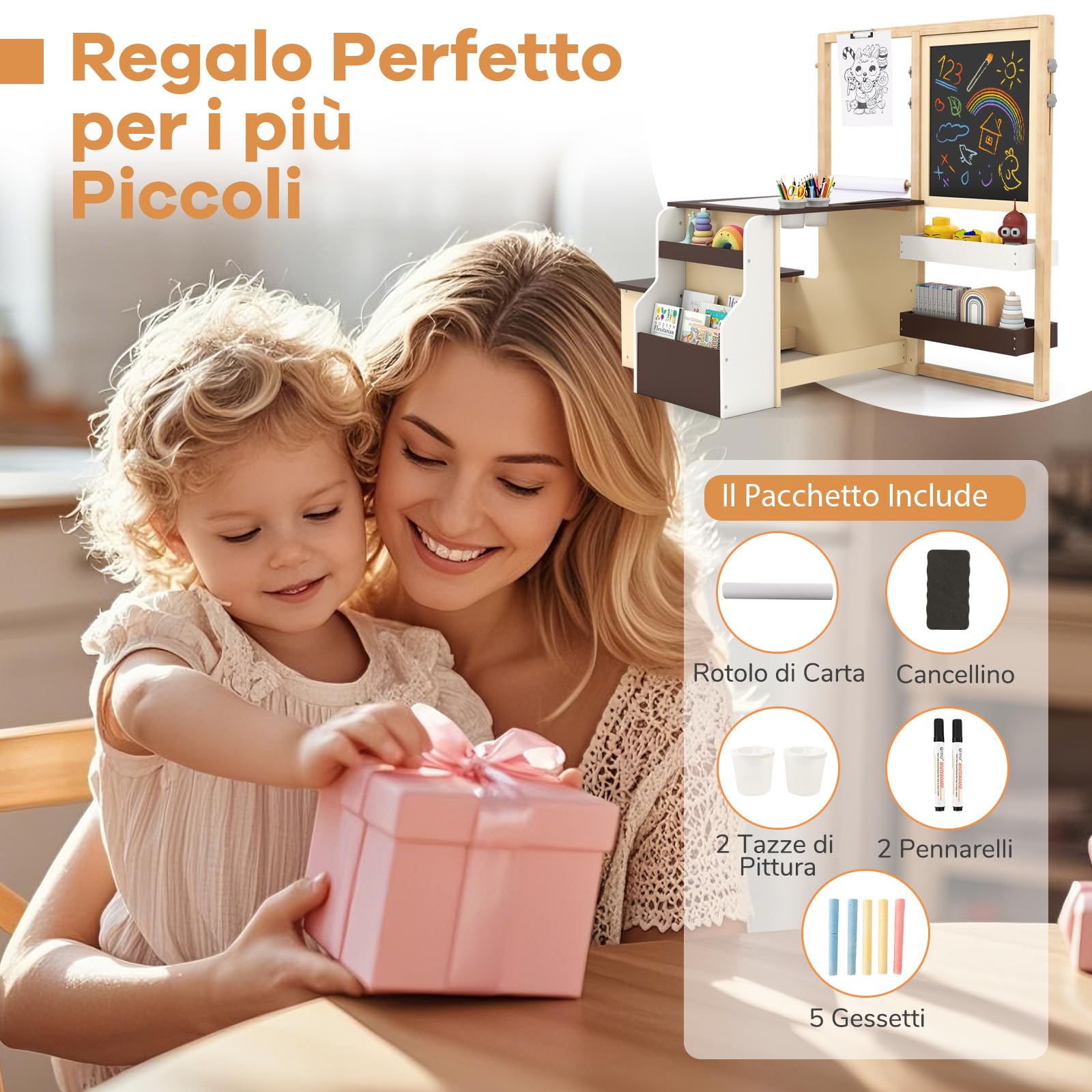 GYMAX Set di Cavalletto con Tavolo e Panca per Bambini, Scrivania Multifunzionale in Legno con Lavagna Bifacciale, Rotolo di Carta, Scaffale, Contenitore, Mobili per Attività (Caffè)