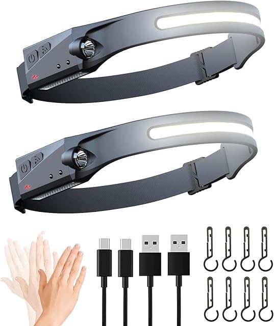2 Pack LED Rechargeable Head Torch COB LED Headlamp with Motion Sensor Waterproof Lightweight Head Flashlight for Running Cycling Camping Dog Walking Fishing Hiking