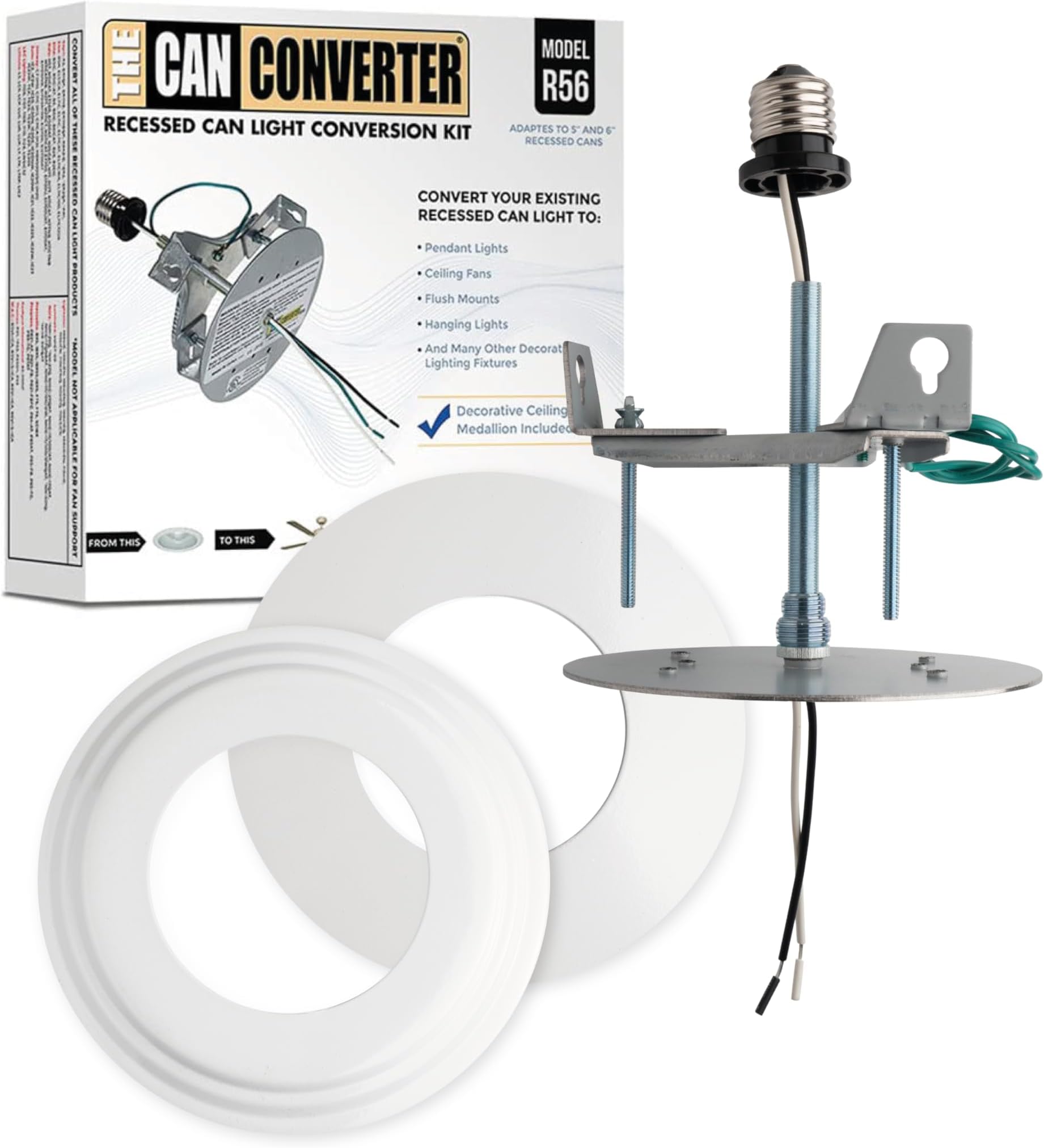 R56 Recessed Can Light Conversion Kit w/ 7"¾ Flat & Beveled Steel Ceiling Medallion - Home Improvement for 5" & 6" Cans, Fan & Light Fixture Converter Kit, UL Certified, White