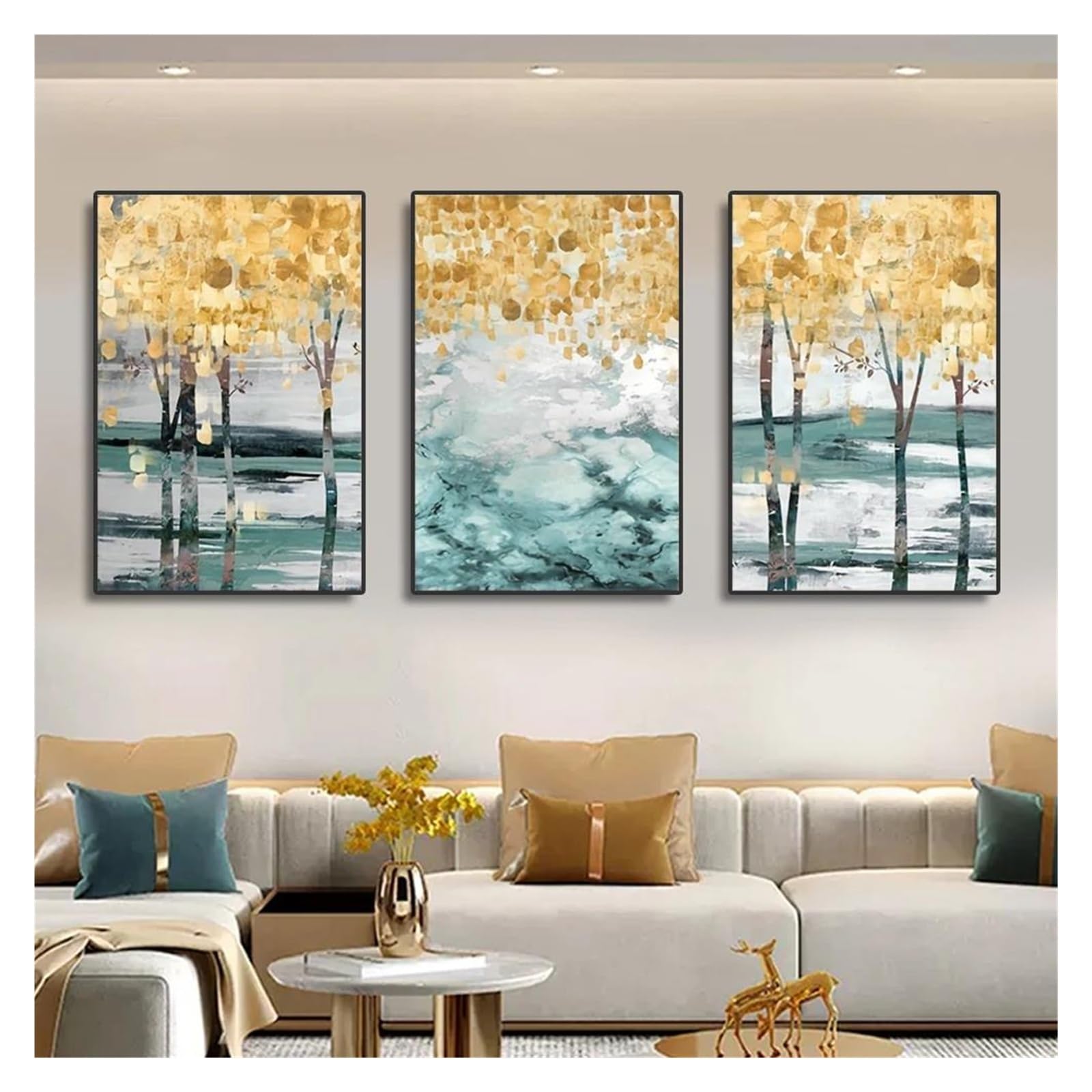 Tableau déco nature arbre doré triptyque minimaliste 20x30