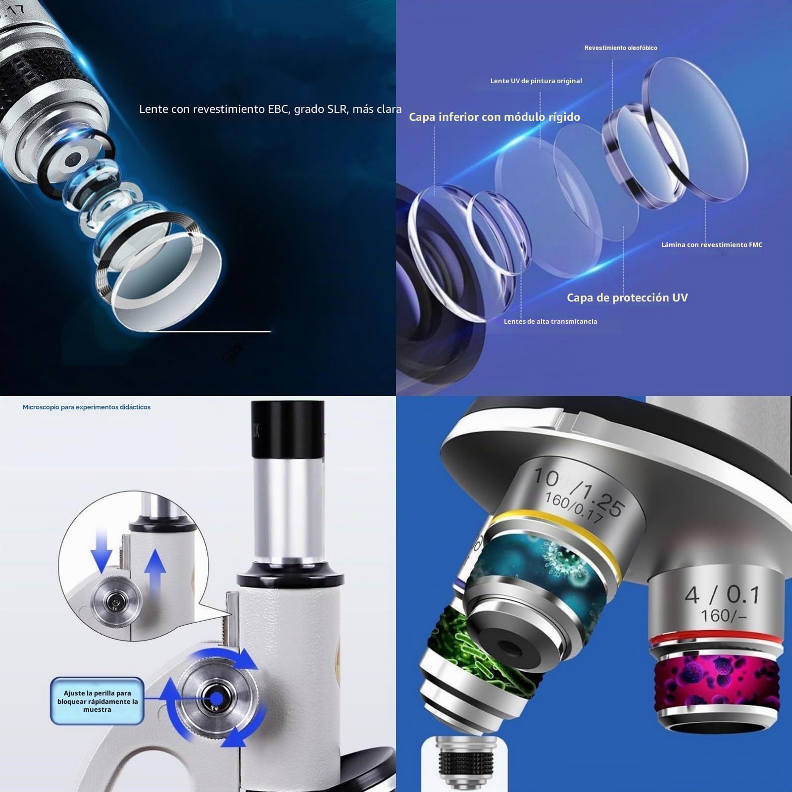 Microscopio-200-4000X de aumento, microscopio educativo biológico para estudiantes y adultos, con clip para teléfono, muestra biológica y luz de relleno (blanco)