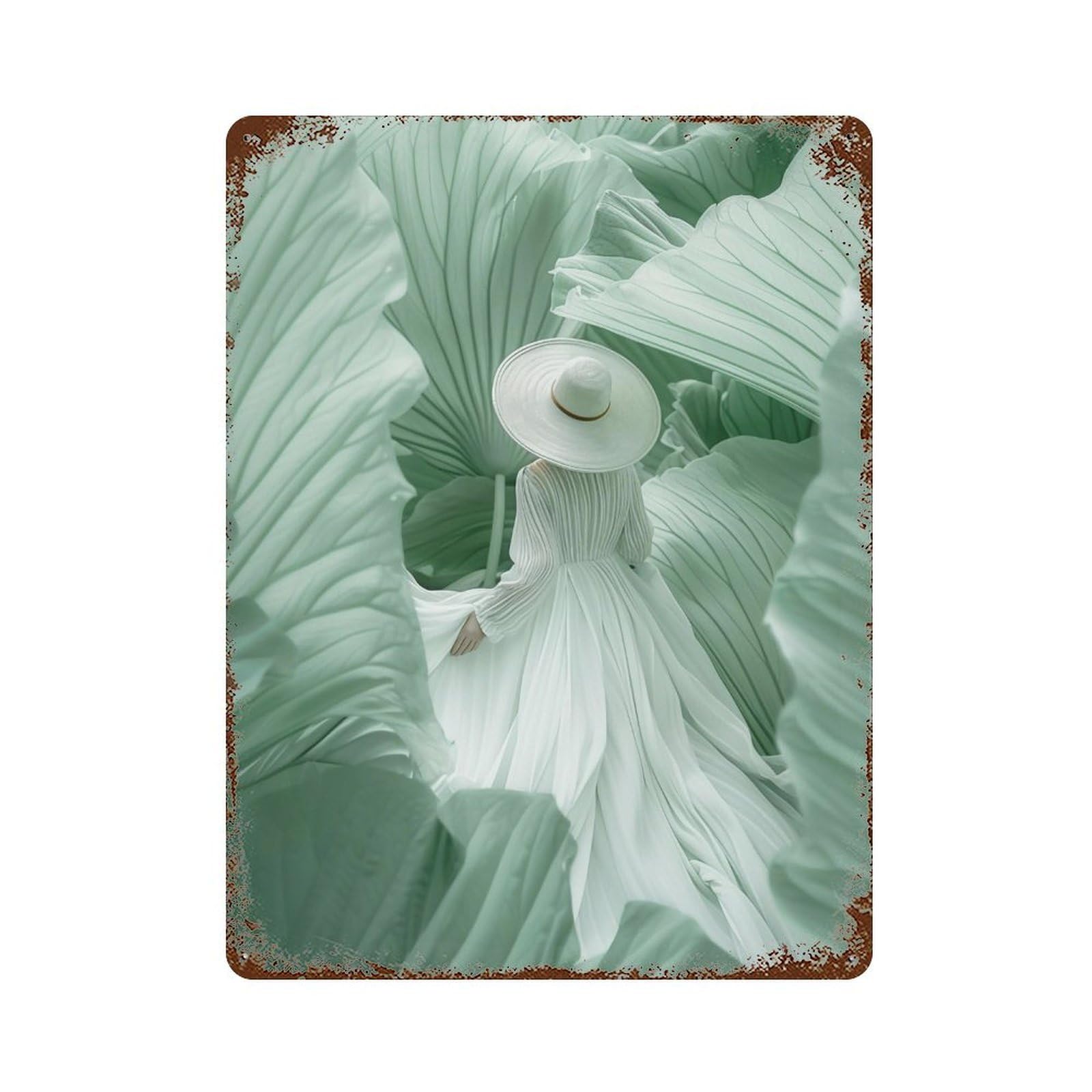 YHGERTKU Zen Giant Leaves And White Dress Person 01 Wall Art Retro Iron Vintage Metal Tin Sign Poster Modern Decor for Living Rooms Gift 40x30cm