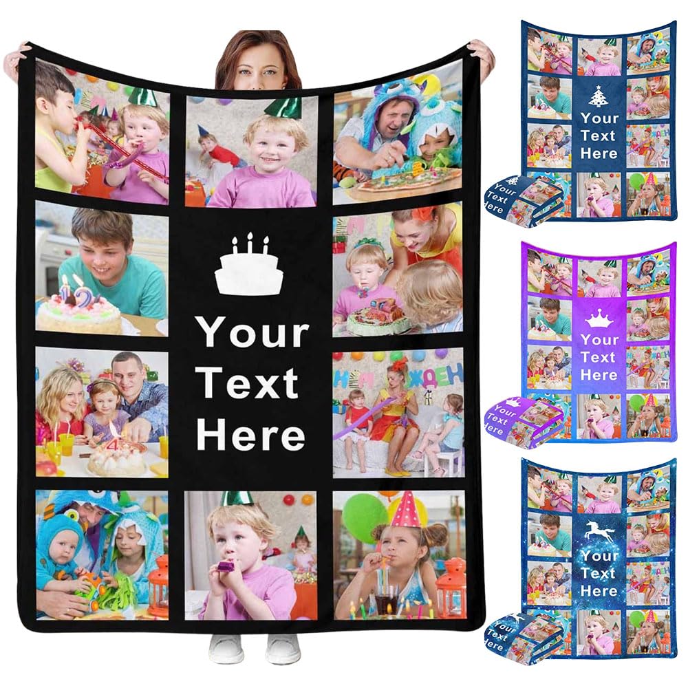 Custom Blanket with Photo Text 10 Photos Personalized Picture Throw Blanket with Text for Adult Kids Friends Dog Pets for Birthday Christmas Halloween