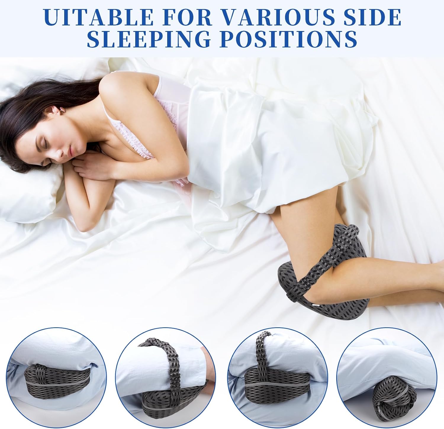 Knee Pillow for Side Sleepers - Sciatica, Hip & Back Pain Relief Pillow with Adjustable Strap, Memory Foam Leg Pillow for Side Sleeping, Spine Alignment Support for Pregnancy, Post-Surgery (Grid gray)