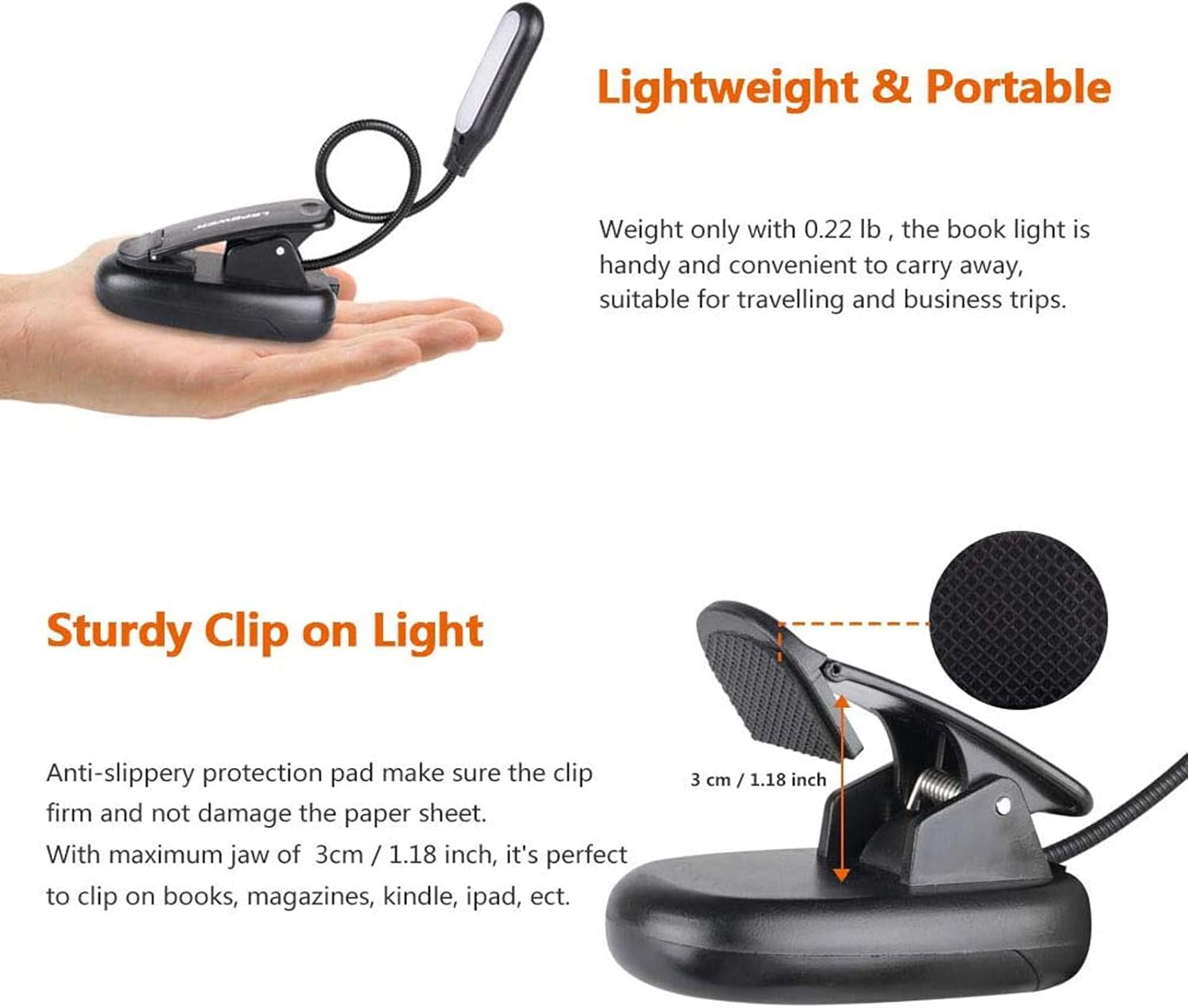 LEPOWER Clip on Book Light/Reading Light/Clip Light with 5 LED Eye Care, 3 Color Changeable, Portable Reading Lamp, Battery & USB Operated, Bed Light for Kids, Bookworms, Students - - 