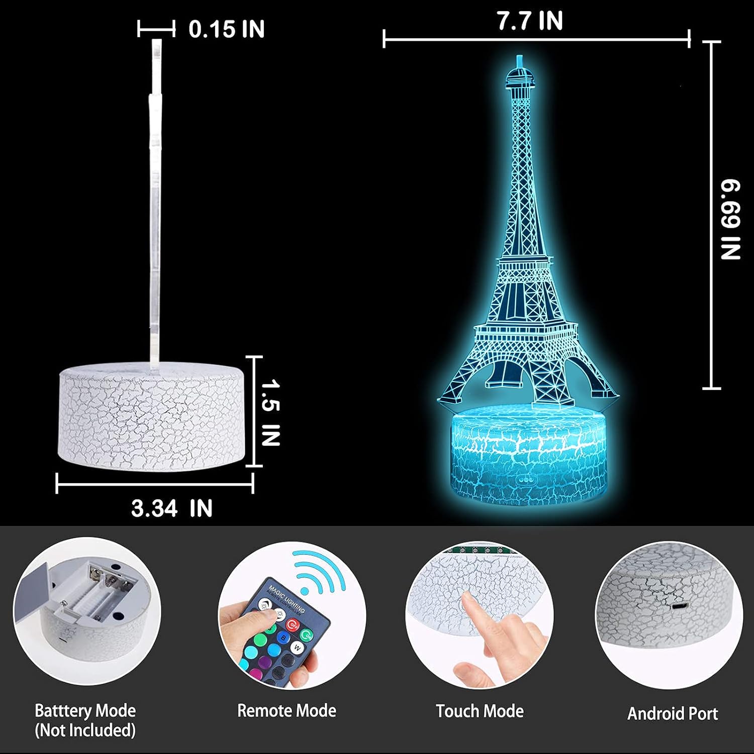 3D Eiffel Tower Lamp, LED Night Light with Remote & 16 Colors, Romantic Paris Illusion Lamp for Bedroom Decor, Kids Night Light, Gift for Women, Girls, Home Decoration
