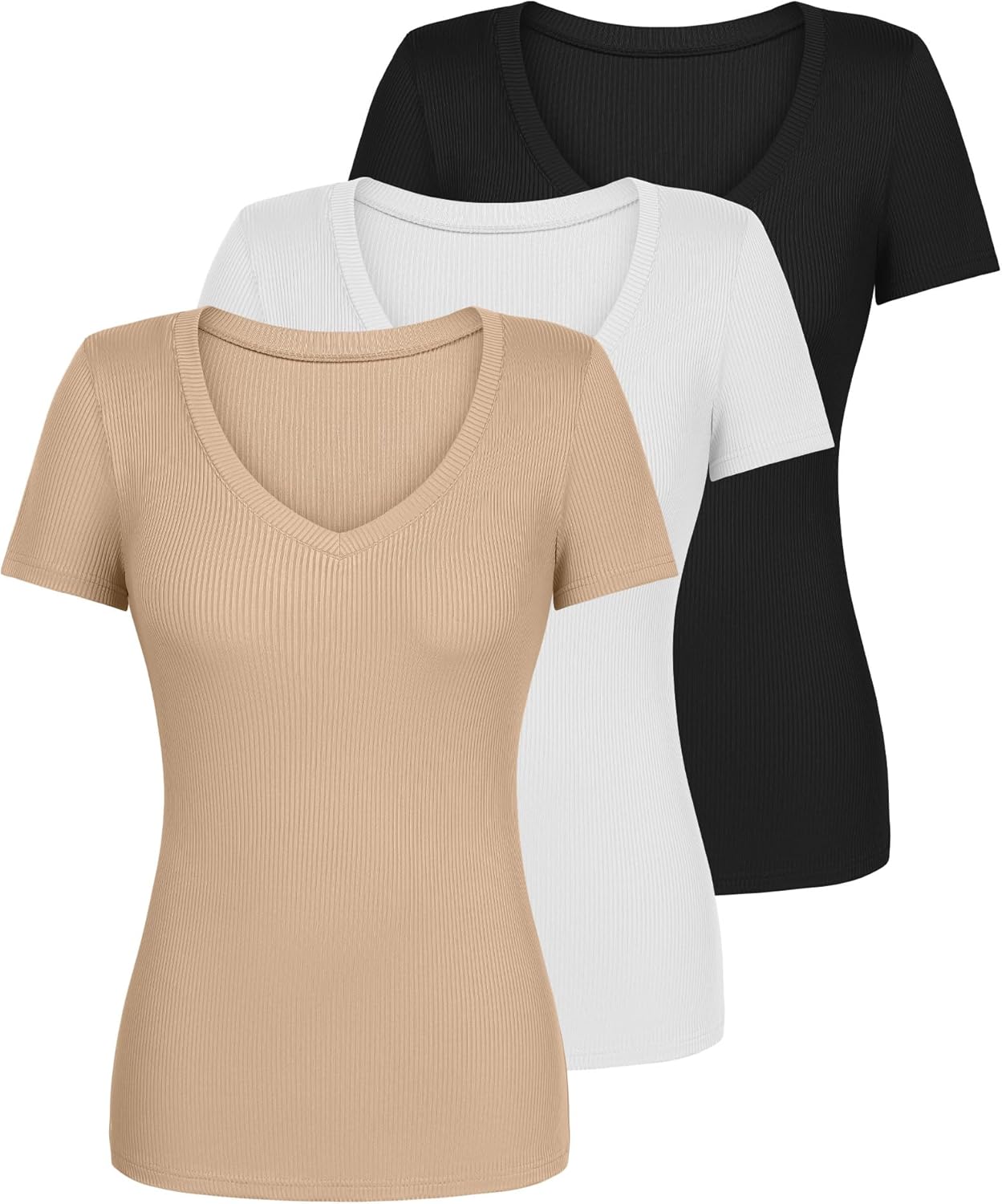 Ficerd 3 Pack Ribbed Short Sleeve Tops for Women Basics V Neck Slim Fit T Shirts Casual Tight Knit Tees(Black, White, Khaki,S) - Image 4