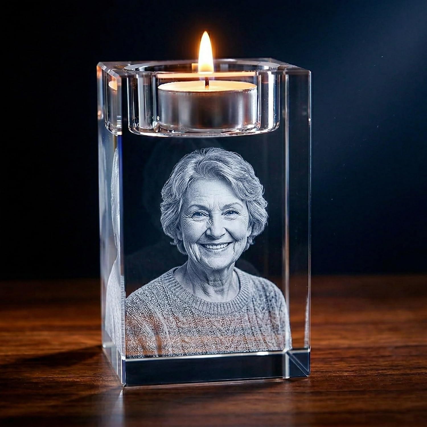Personalized 3D Photo Crystal Candle Holder - Custom Laser Engraved Glass Memorial Gifts for Mom,Dad,Couples,Her,Him,Wedding & Anniversary,1.95 x 1.95 x 3.15