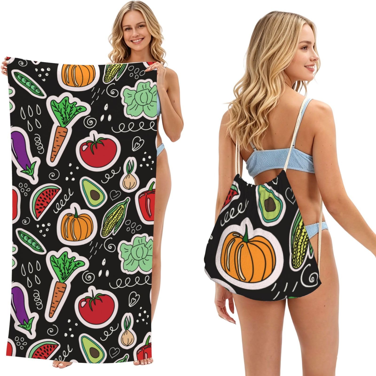 Poadnly As Picture Cartoon Vegetables Fruits, 2 In 1 Packable Towel Bag, Beach Towels With Drawstring Backpack For Travel Holiday Camping