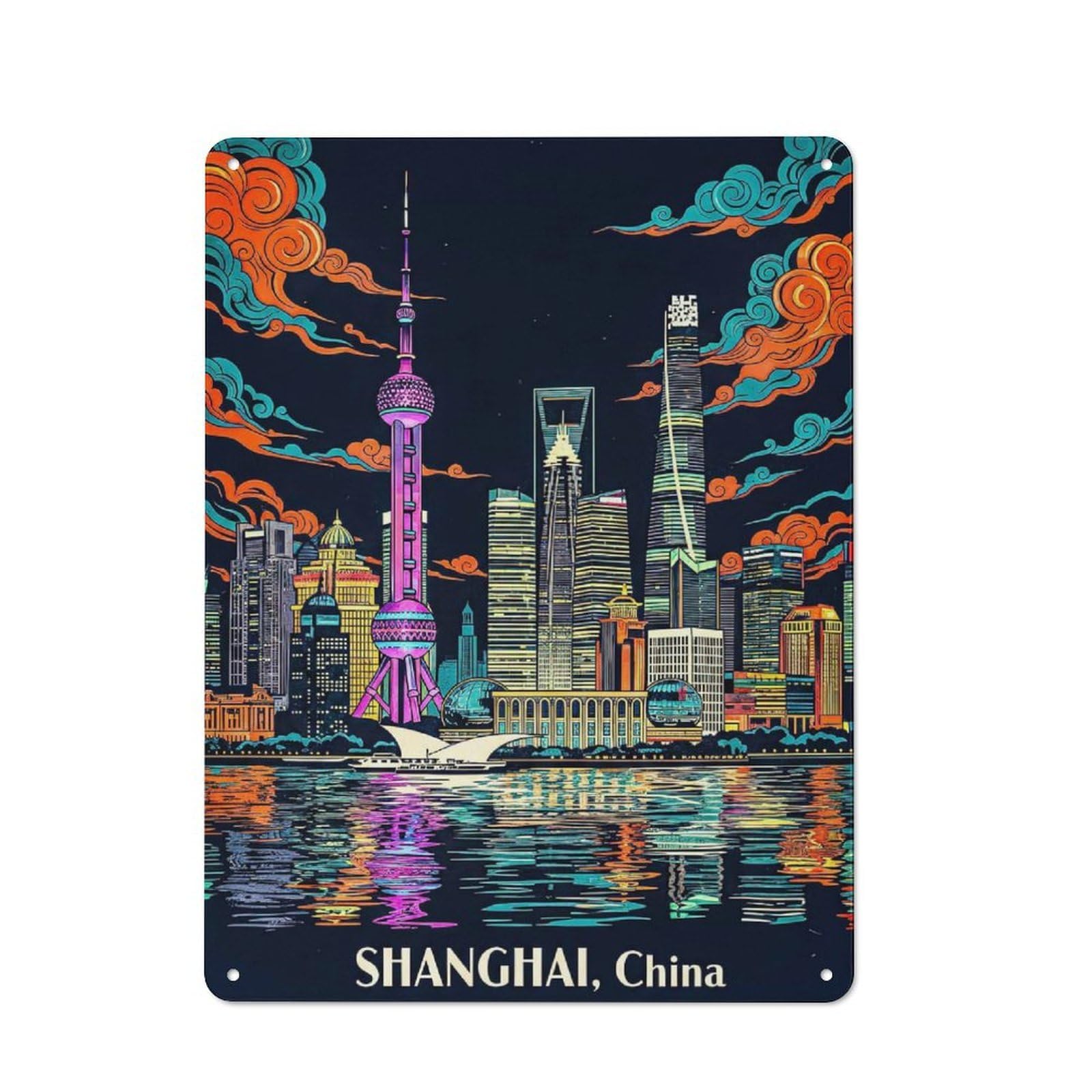 Junmoney Style-7 Shanghai Skyline At Night Retro Metal Wall Decor 40X30cm, Retro Metal Sign For Garage, Hobby Room, Office Or Man Cave