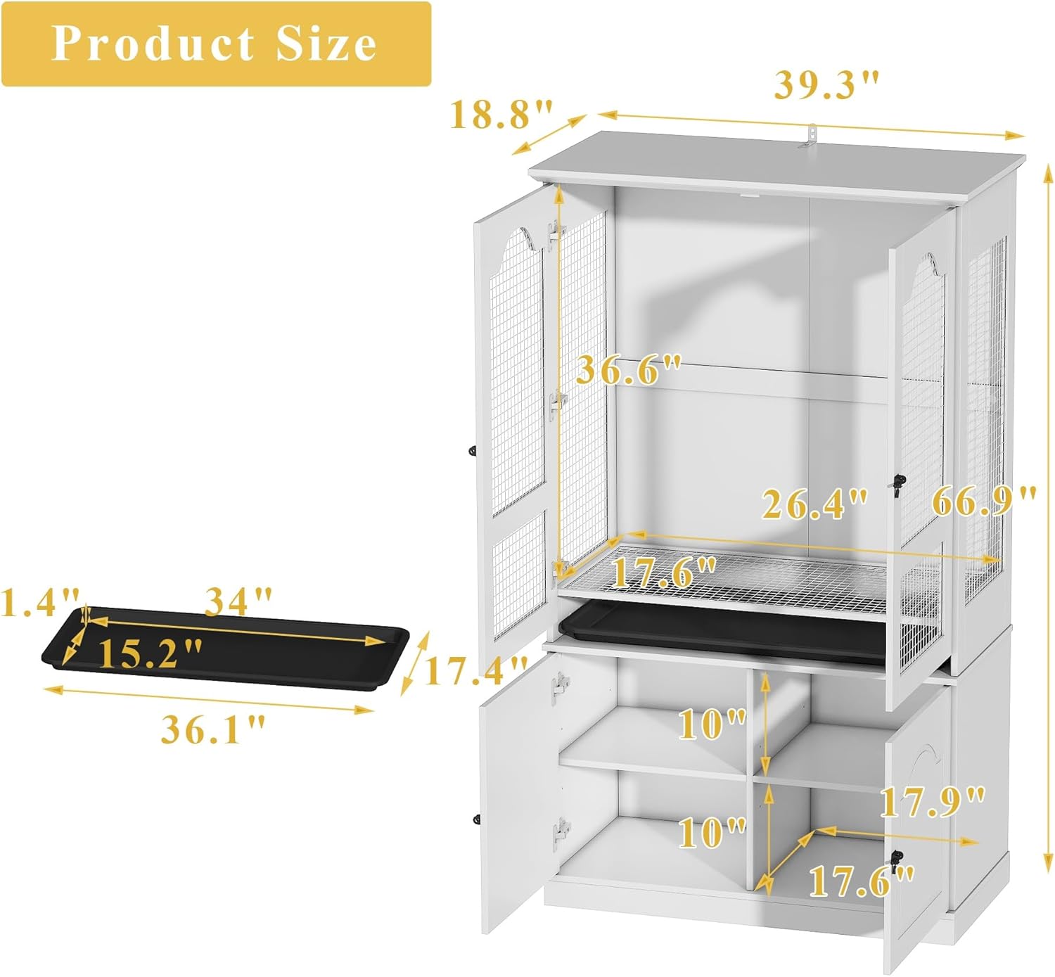 Large Bird Cage with Adjustable Storage Cabinet, White Flight Parakeet Parrot Cage with Pull-Out Tray and 3-Side Iron Mesh Design, DIY-Friendly, Tall Wide Bird Cages for Cockatiels, Finches