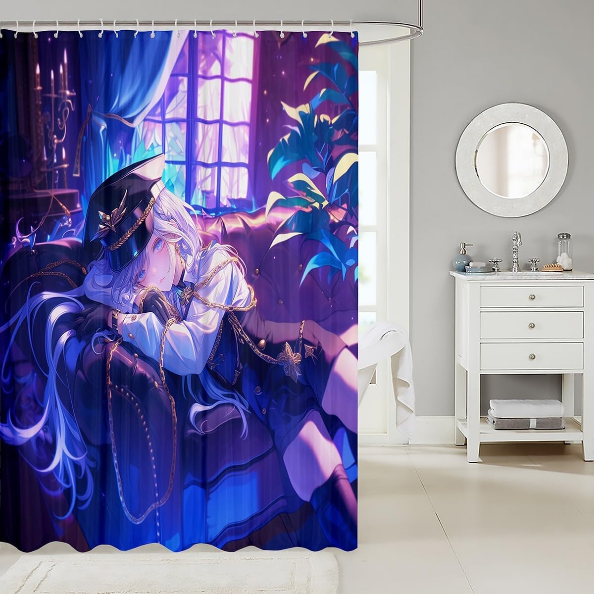 Anime Girl Shower Curtain Japanese Anime Bathroom Shower Curtain Sets For Kids Boys Teens Women, Cartoon Girl Bath Curtains Japanese Animation Kawaii Bathroom Accessories 72" W X 72" L, Purple image 2