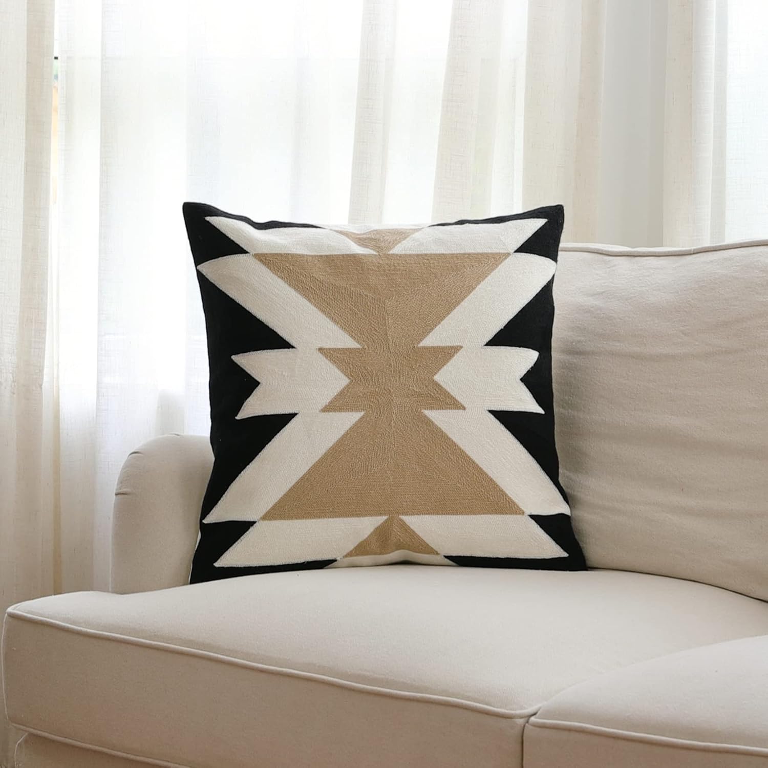 IKATYARN Black White Coffee Aztec Embroidery Throw Pillow Cover,Boho Tribal Geometric Pillowcase, Modern Farmhouse Brown Cushion Case for Couch Sofa Bed, 20"x20"