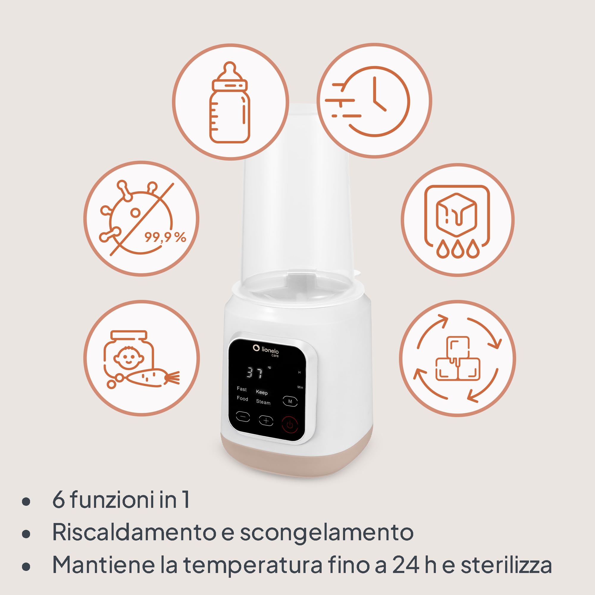 LIONELO Thermup 3.0 Scaldabiberon Elettrico 6 in 1 per Neonato | Sterilizzatore 99,9%, 400 W, Riscaldamento Rapido, Scongelamento, 35-100°C e Mantenimento Caldo fino a 24 Ore