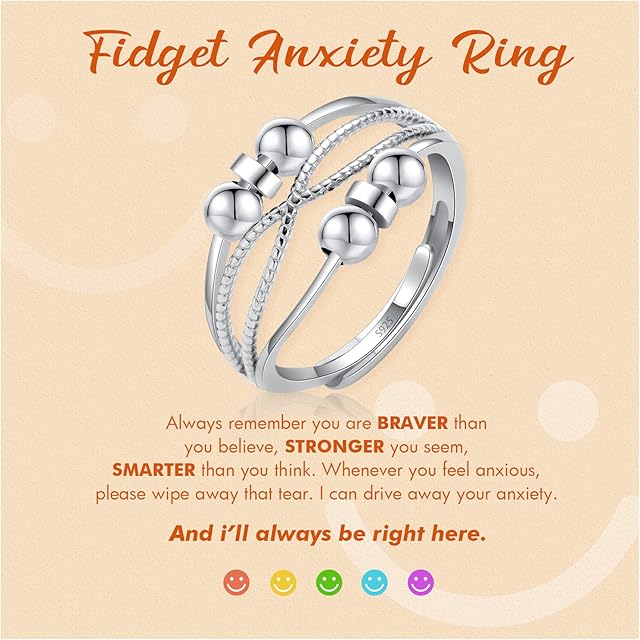 Anxiety Ring to My Daughter,Sterling Silver Fidget Ring for Anxiety Women with Worry Beads Adjustable Open Stress Spinner Fidget Ring for Girl