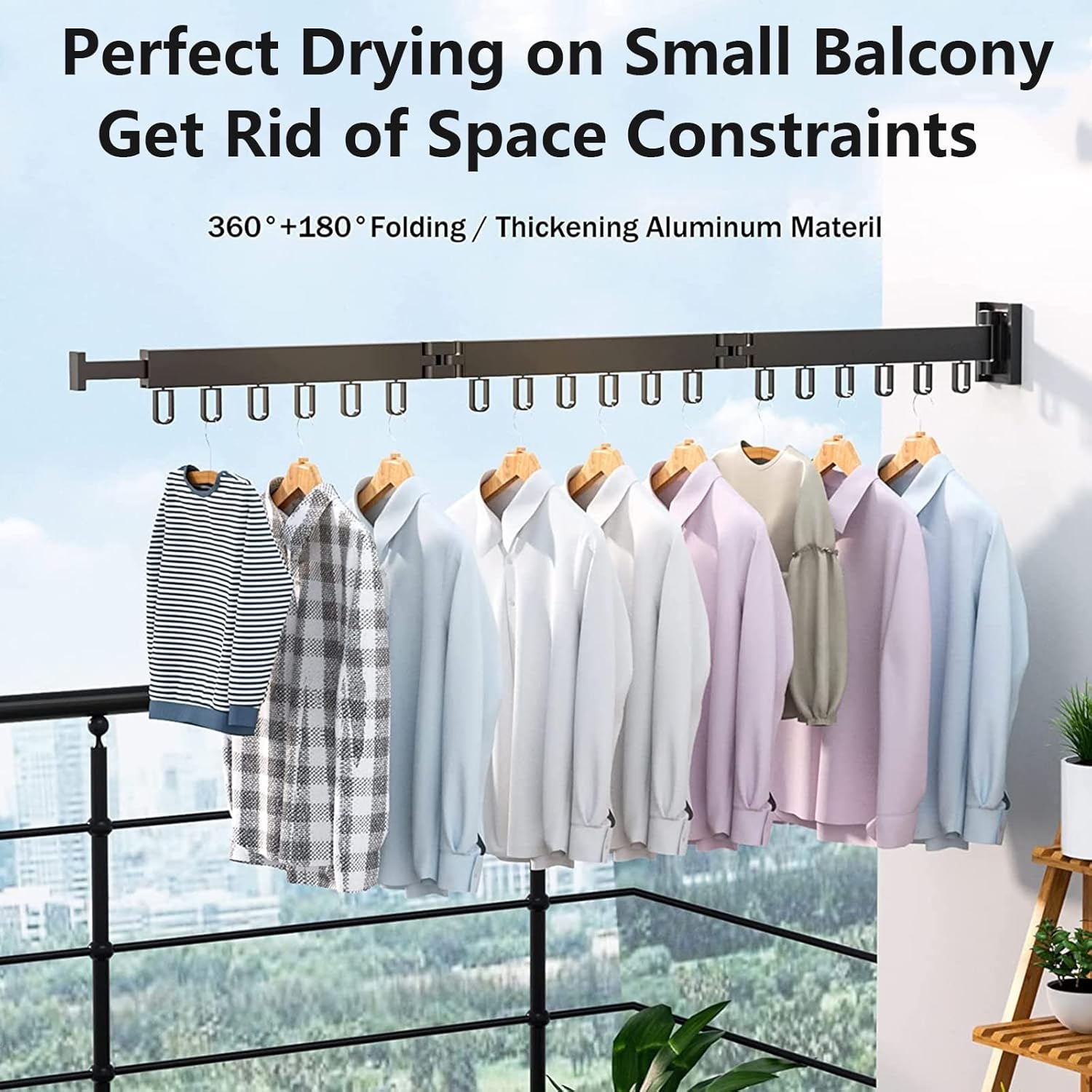 Wall Mounted Retractable Clothes Hanger Rack - Space-Saving Foldable Drying Rack for Balcony, Bathroom, Bedroom - 3 Rods, White, Collapsible Clothes Rail for Efficient Drying