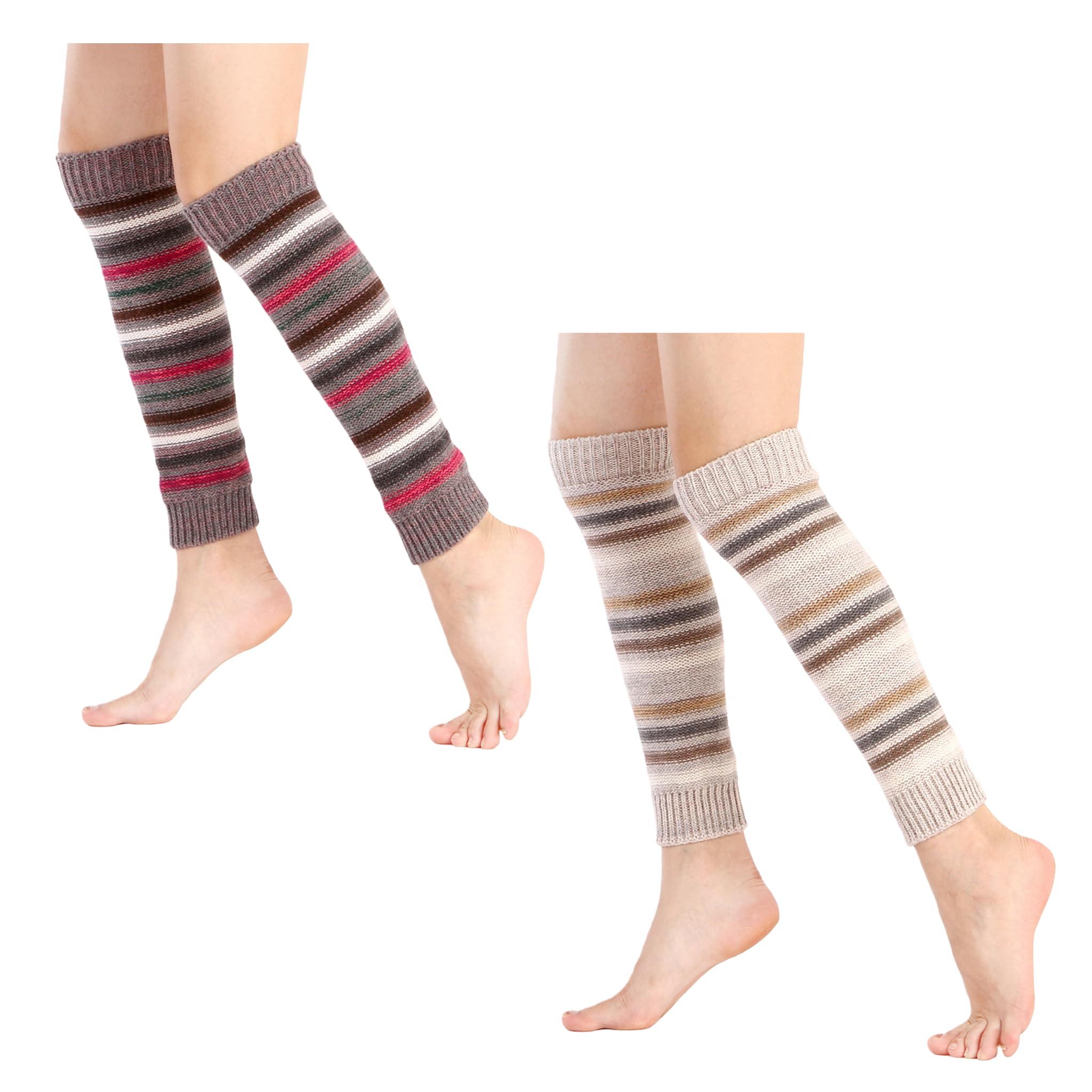 2 Pairs Womens Wool Knitted Leg Warmers Striped Elastic Leg Warmers for Winter Dance Yoga Daily Wear