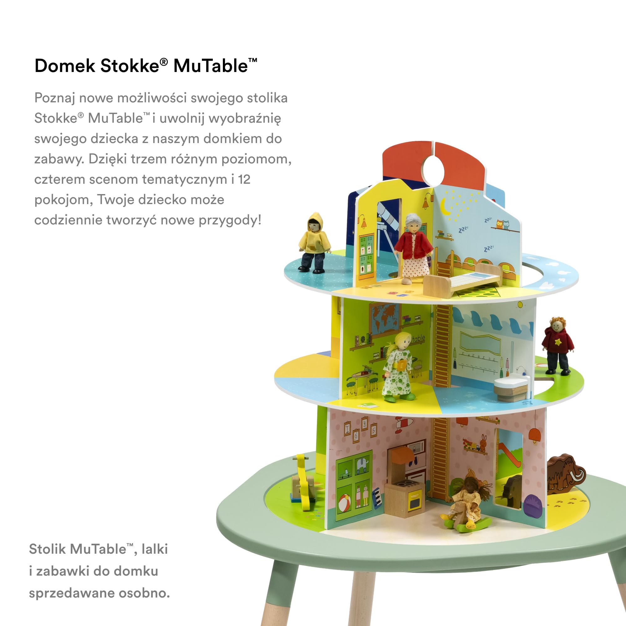 Domek do zabawy Stokke MuTable - nowy design 2023 r. - zawiera plac zabaw, dom rodzinny, muzeum i przedszkole - wykonany z drewna, montaż bez użycia śrub - dla dzieci w wieku 3+ lat