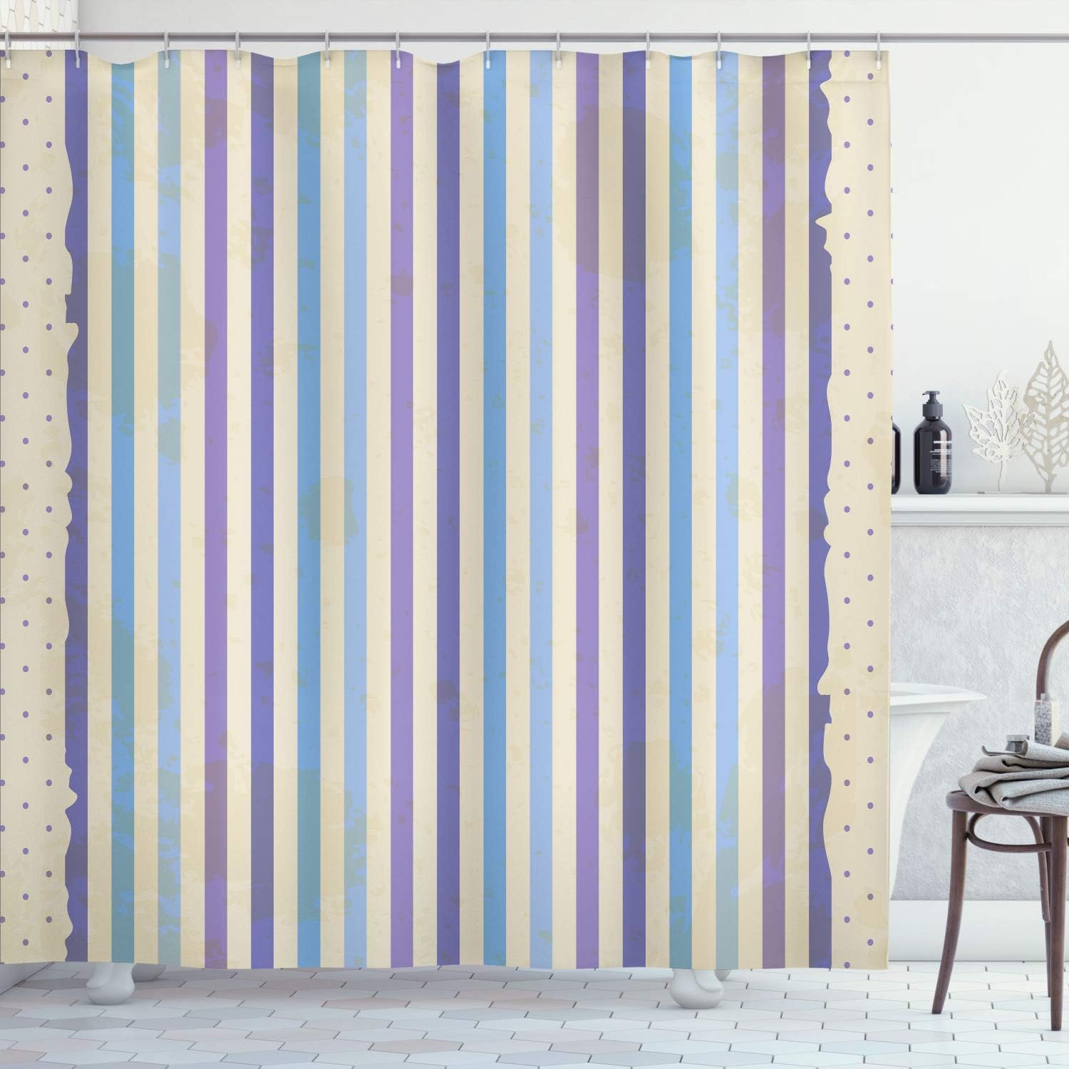 Ambesonne Retro Shower Curtain, Vintage Polka Dots and Vertical Bands Stripes Abstract Display, Cloth Fabric Bathroom Decor Set with Hooks, 69" W x 75" L, Blue Violet